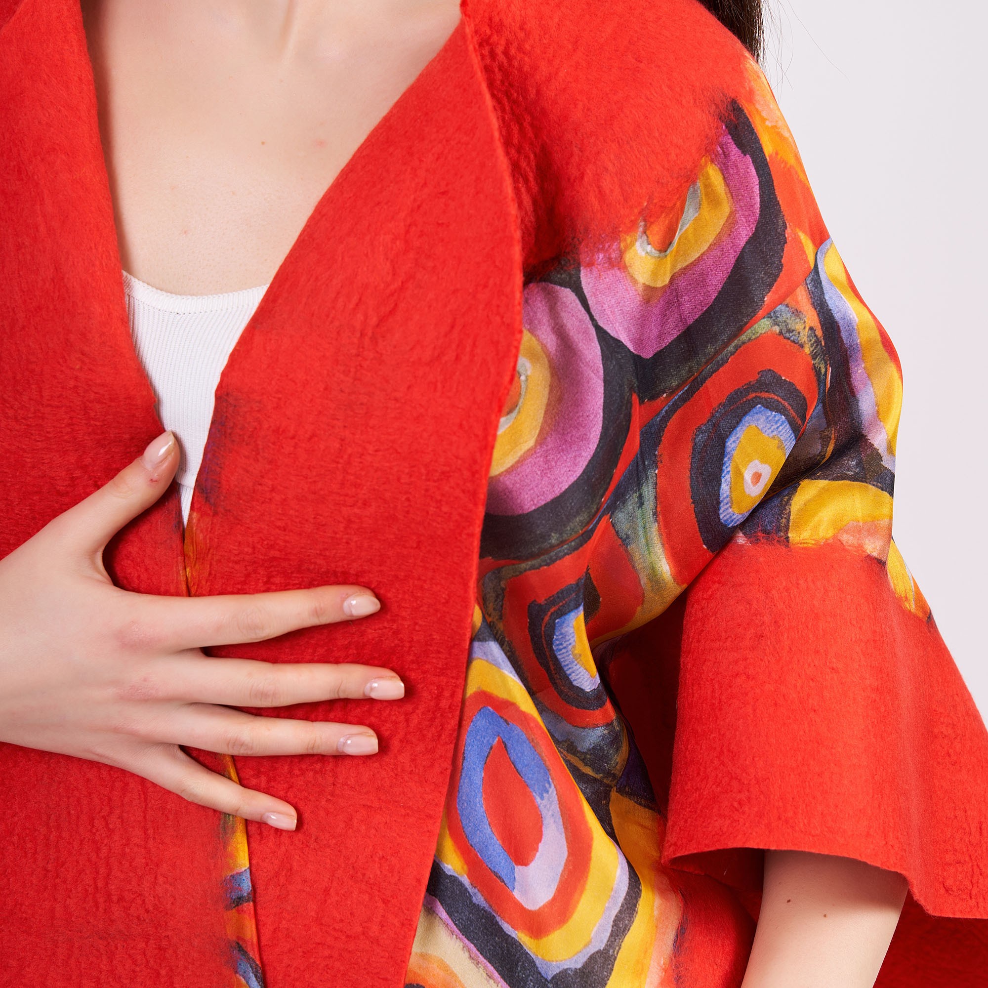 Silk Felted Women Poncho |  Red Kandinsky Squares with Circless | Plus Size Wool Poncho