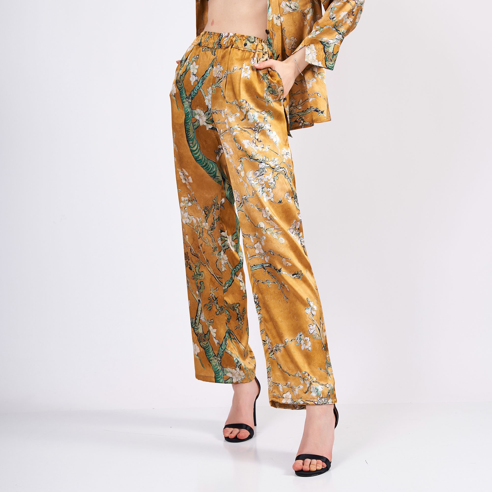 Pure Silk Shirt Pants Set/Pajamas Set for Women | Van Gogh Almond Blossoms Gold
