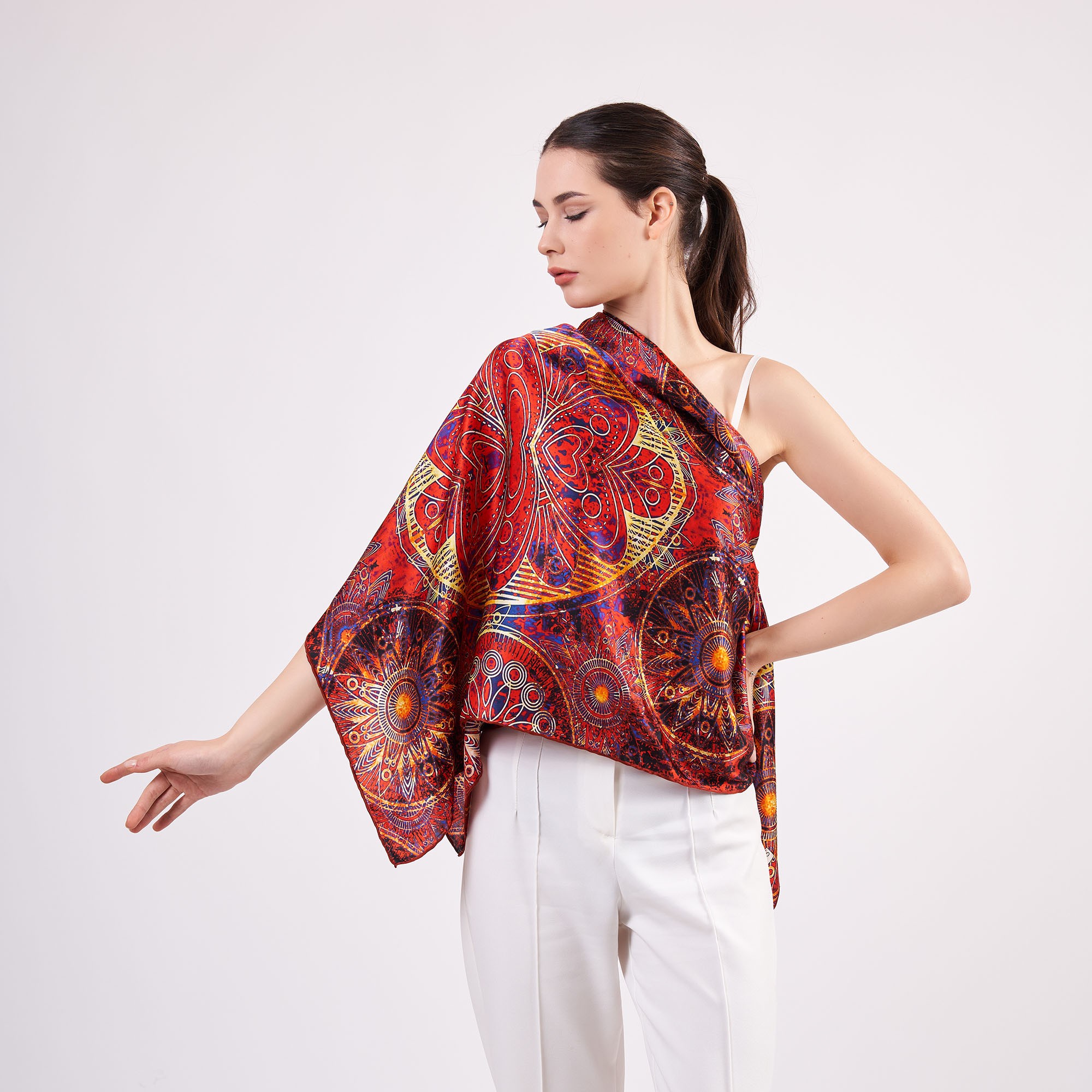 100% Silk Shawl Scarf | Mandala Pattern | 140cm | Red | Nomads Felt