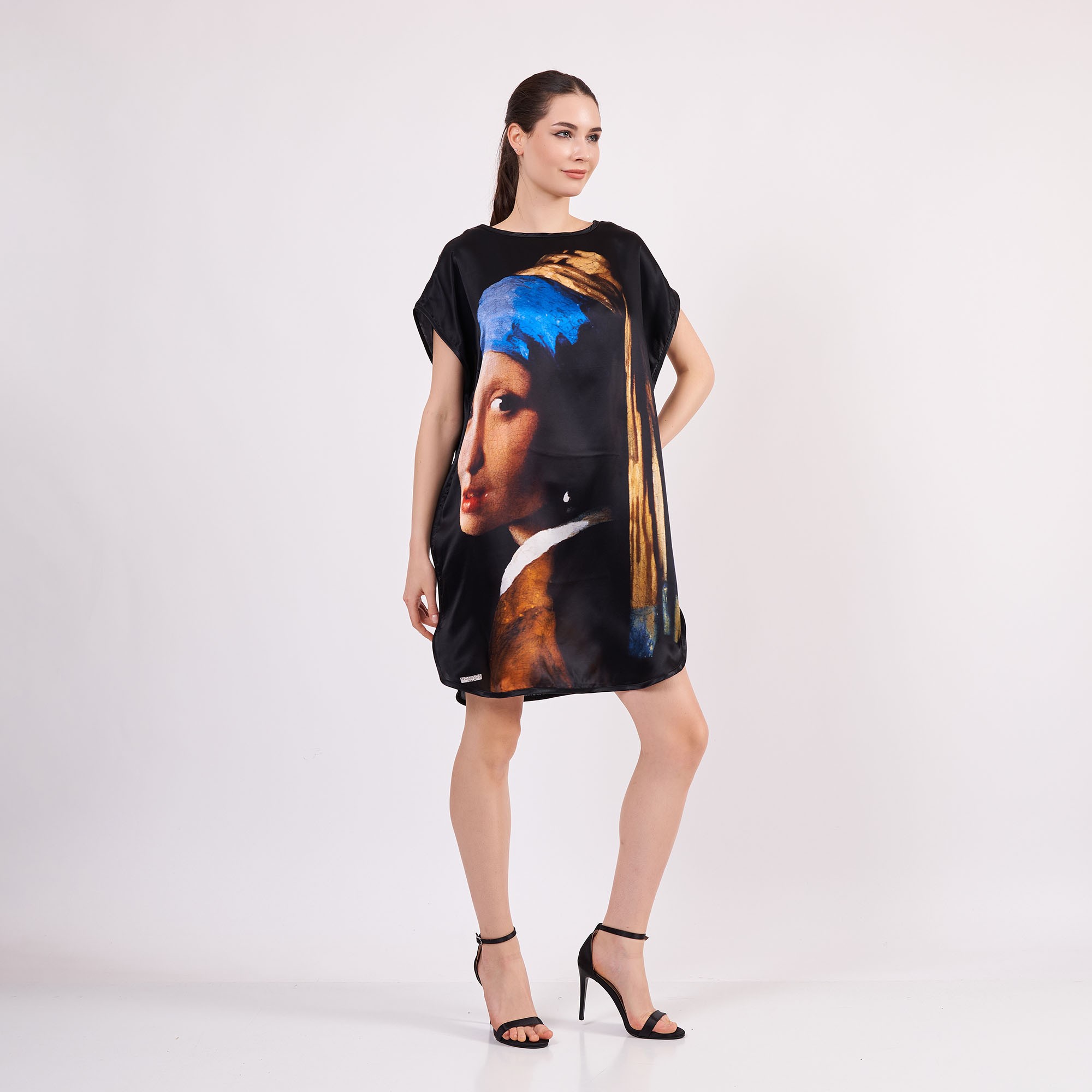 Silk Plus Size Short Dress For Women | Oversized Short Kaftan Johannes Vermeer Girl with a Pearl Earring | Loose Fitting Dress