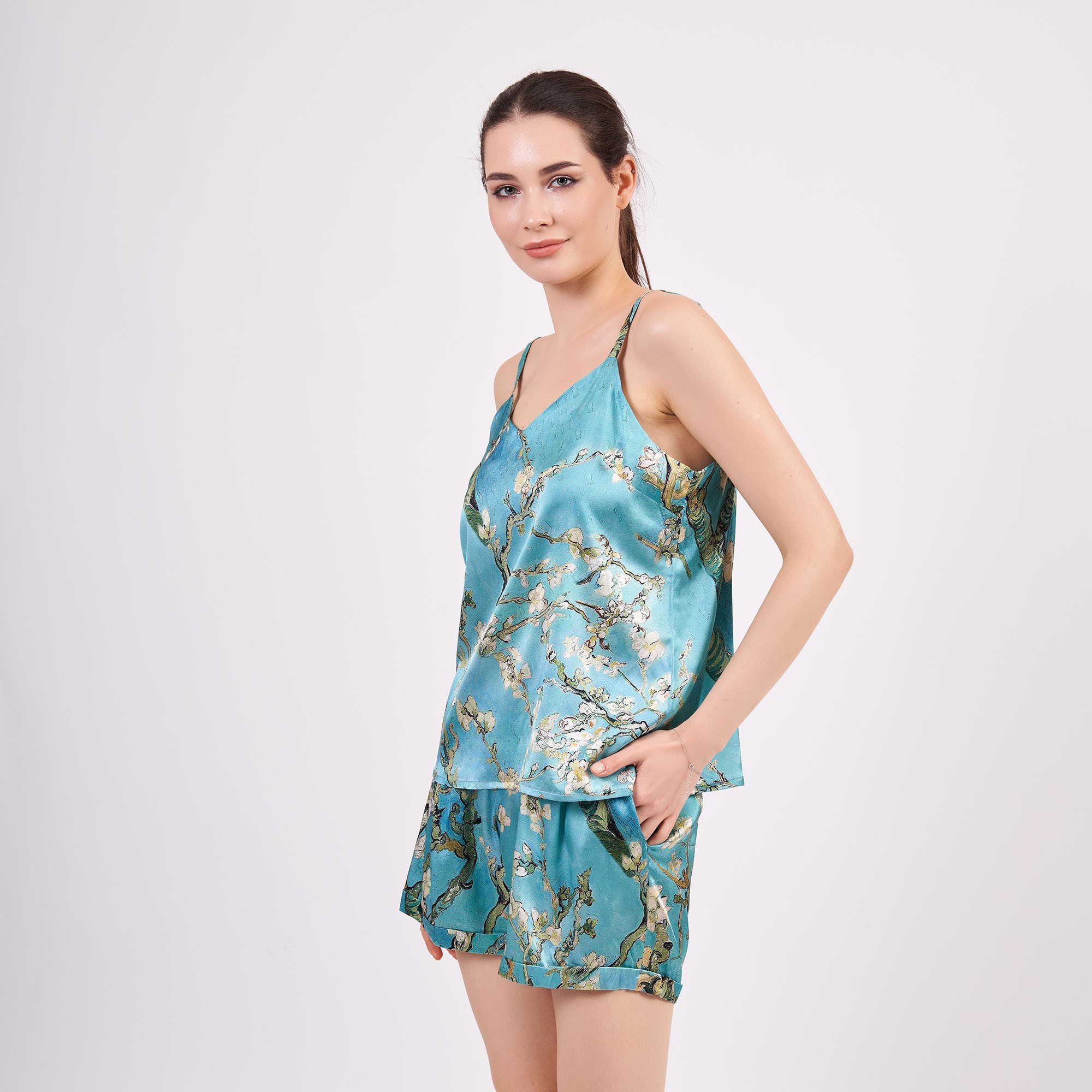Pure Silk Pajama Set Tank and Shorts | Soft Sleepwear Lounge Set- Sleeping Pyjamas for Women | Turquoise Van Gogh Almond Blossoms
