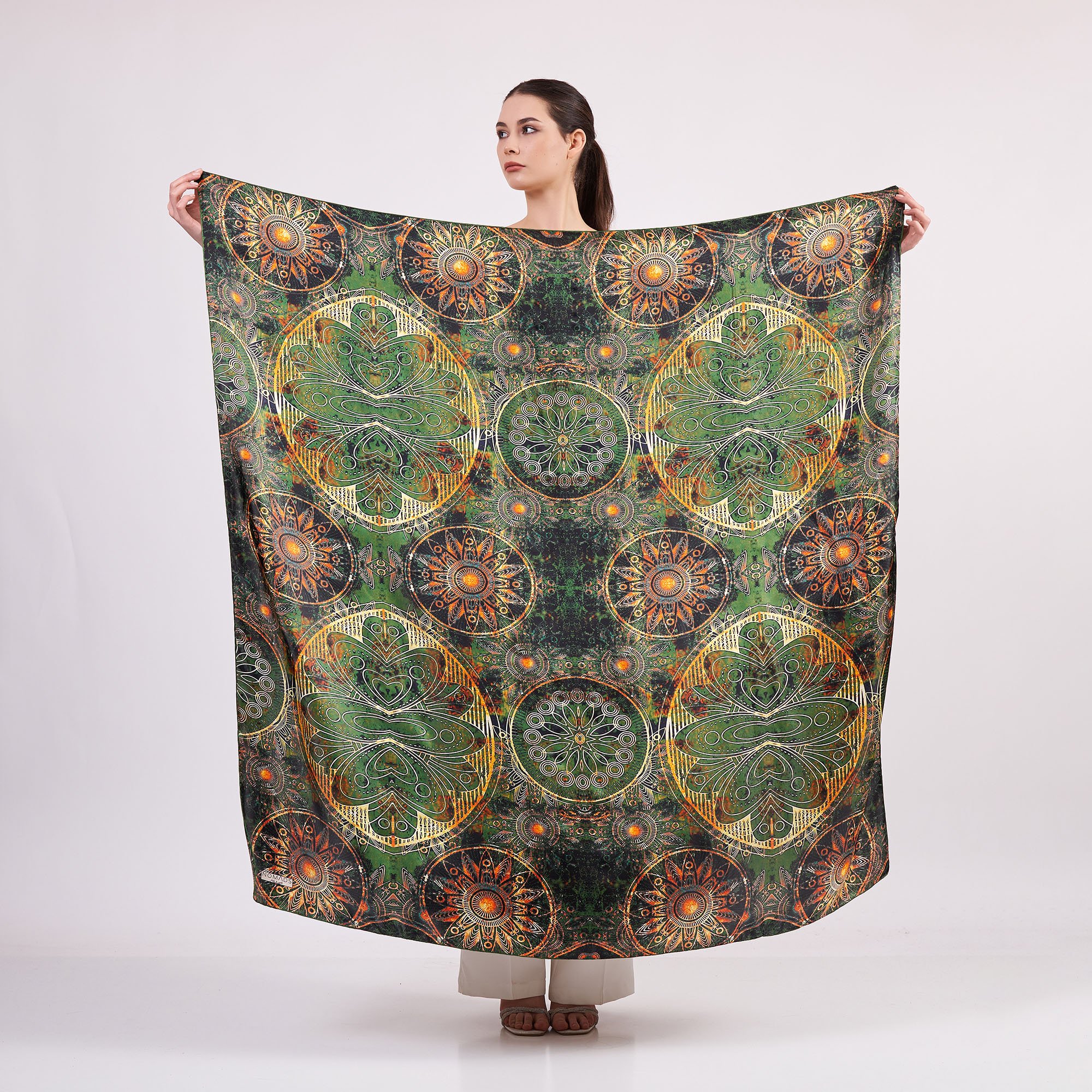 100% Silk Shawl Scarf| Mandala Pattern | 140cm | Khaki | Nomads Felt