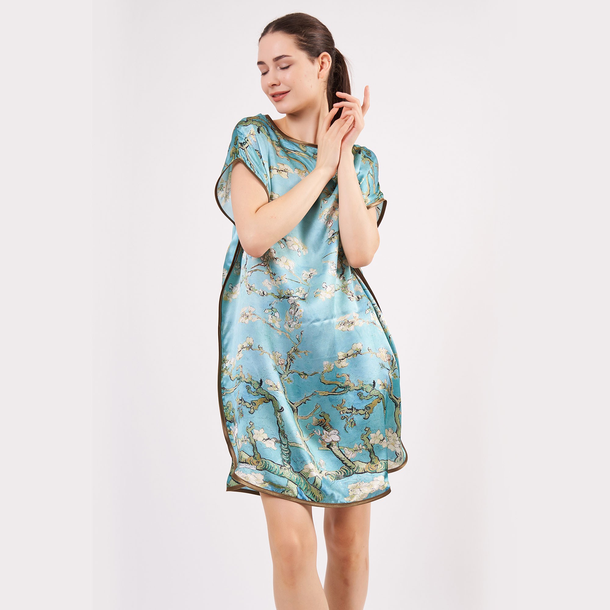 Pure Silk Short Dress | Turquoise | Van Gogh Almond Blossoms | Nomads Felt