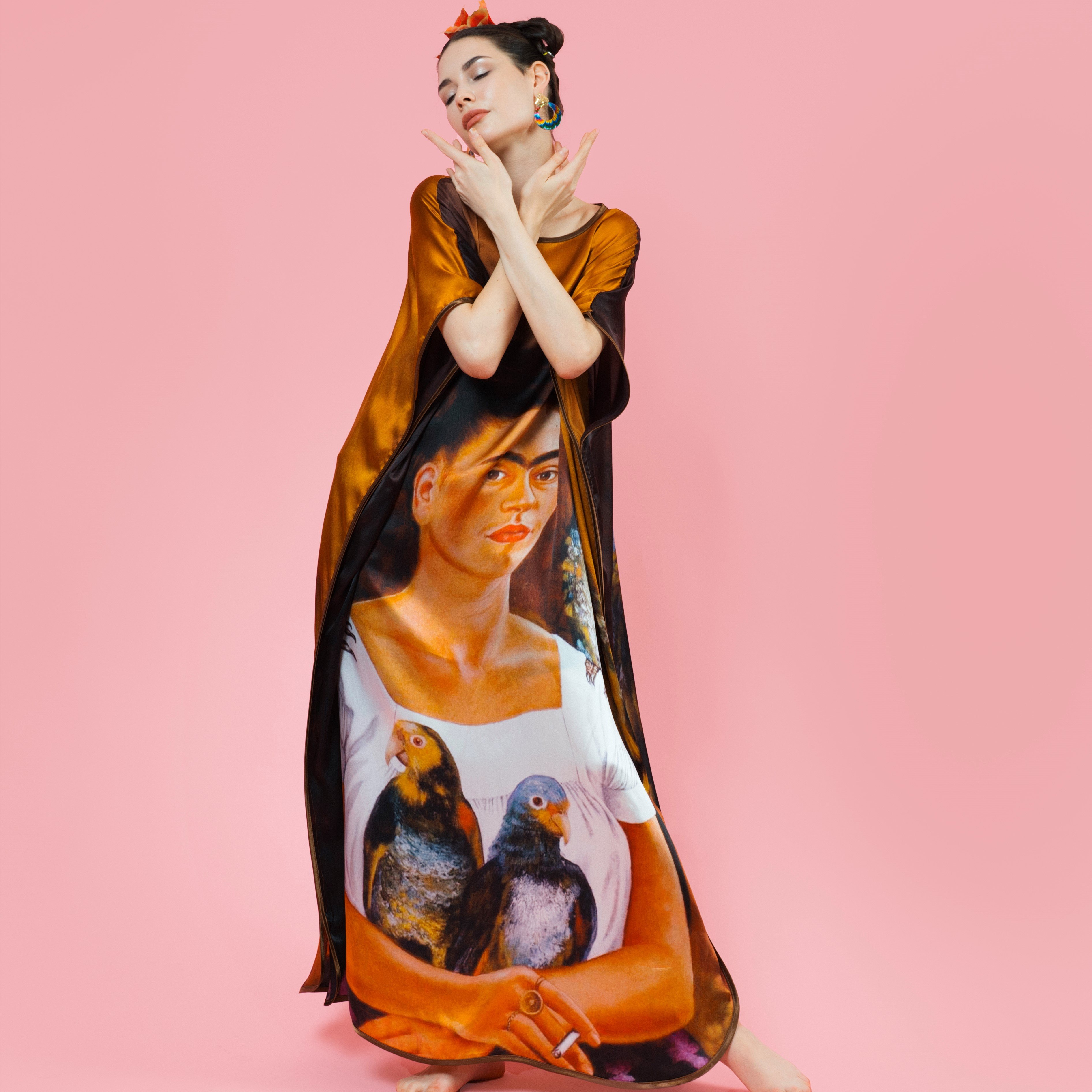 %100 İpek Uzun Elbise | Frida Kahlo | Kahverengi-Bronz | Nomads Felt