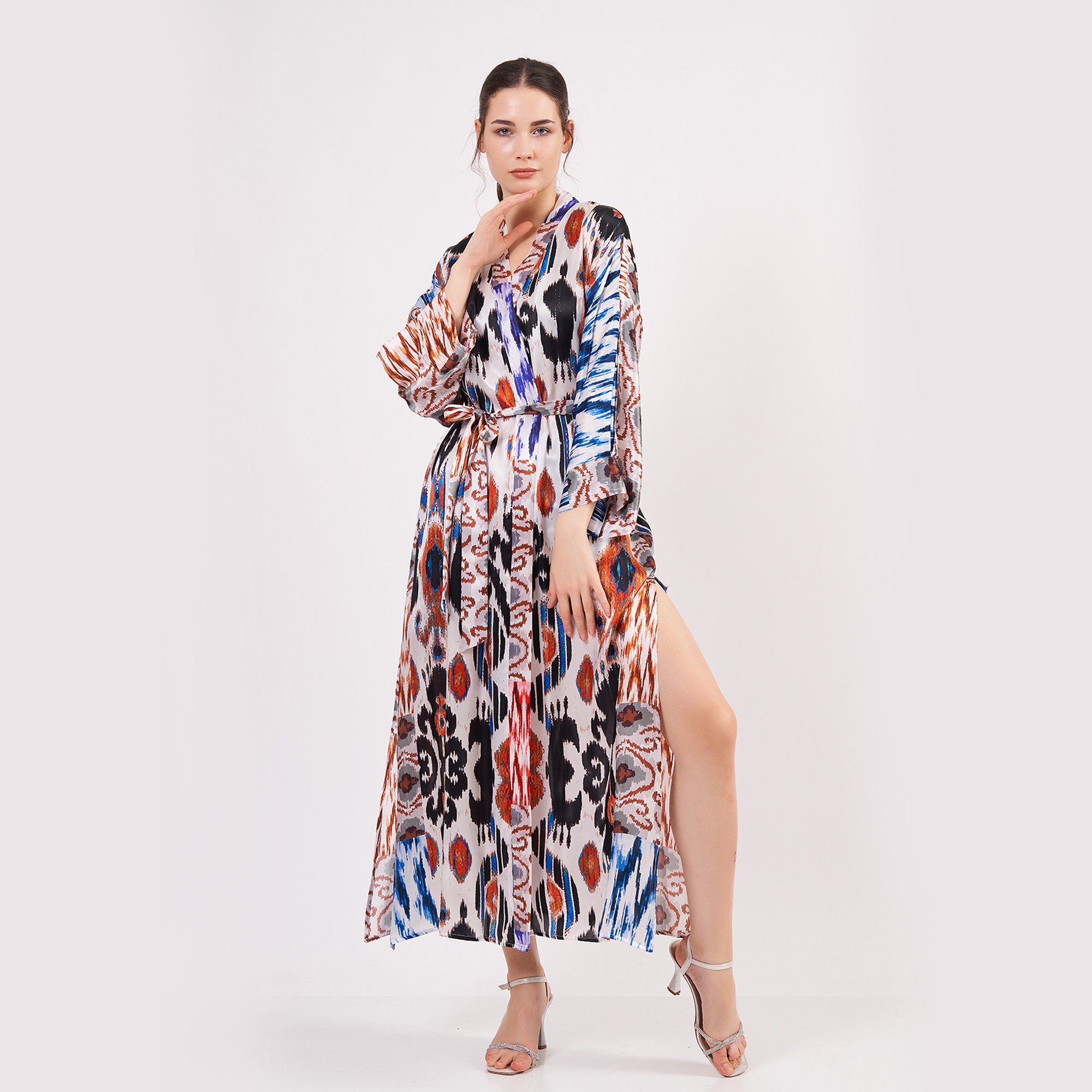 Pure Silk Maxi Kimono Kaftan | Ikat Pattern 9 | Oversized Long Kimono Robe | Beachwear for Women | Plus Size Luxury Kaftan