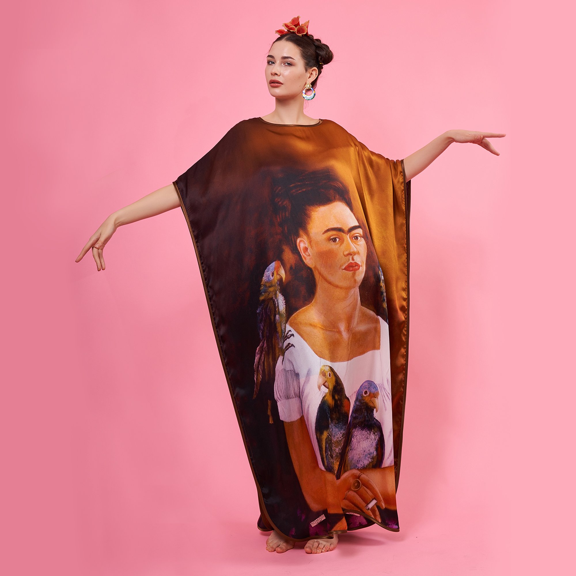 %100 İpek Uzun Elbise | Frida Kahlo | Kahverengi-Bronz | Nomads Felt