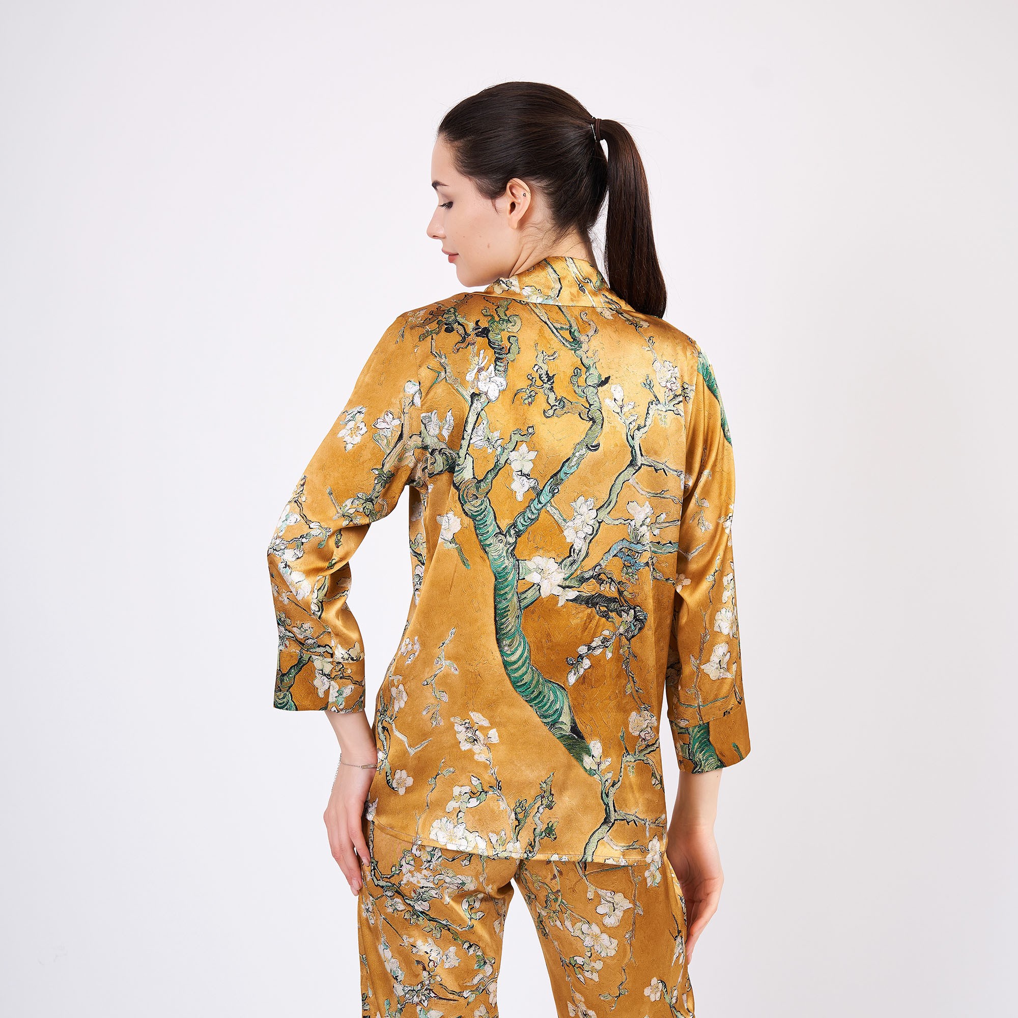 Pure Silk Shirt Pants Set/Pajamas Set for Women | Van Gogh Almond Blossoms Gold