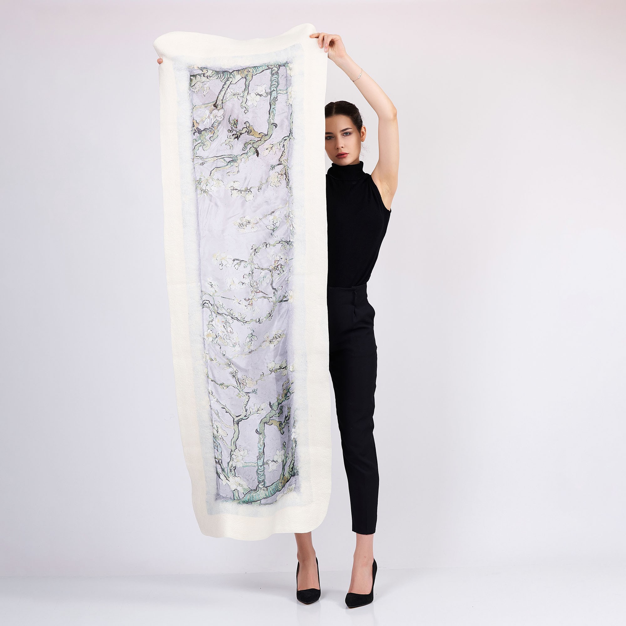Silk and Felted Shawl | Van Gogh Almond Blossoms | Gray