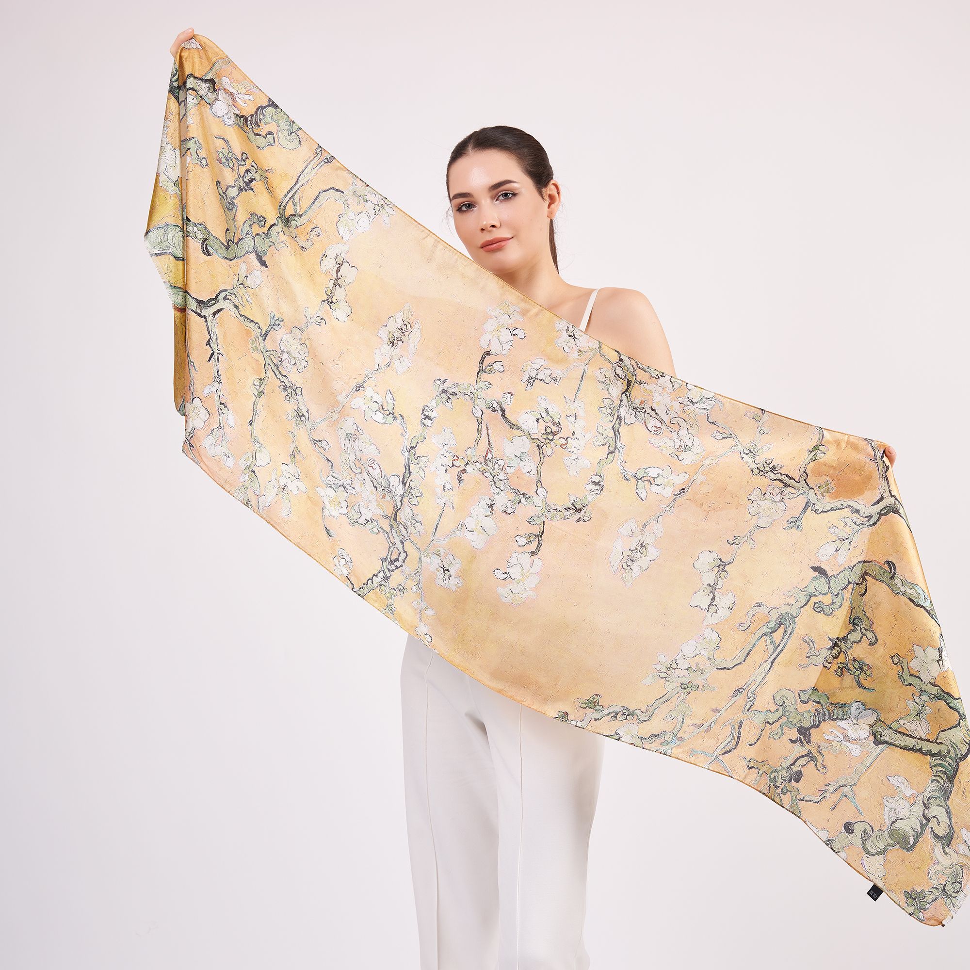 %100 Silk Scarf Wrap | Van Gogh Almond Blossoms Gold | 6 Momme Mulberry Silk Headband, Bag Accessory