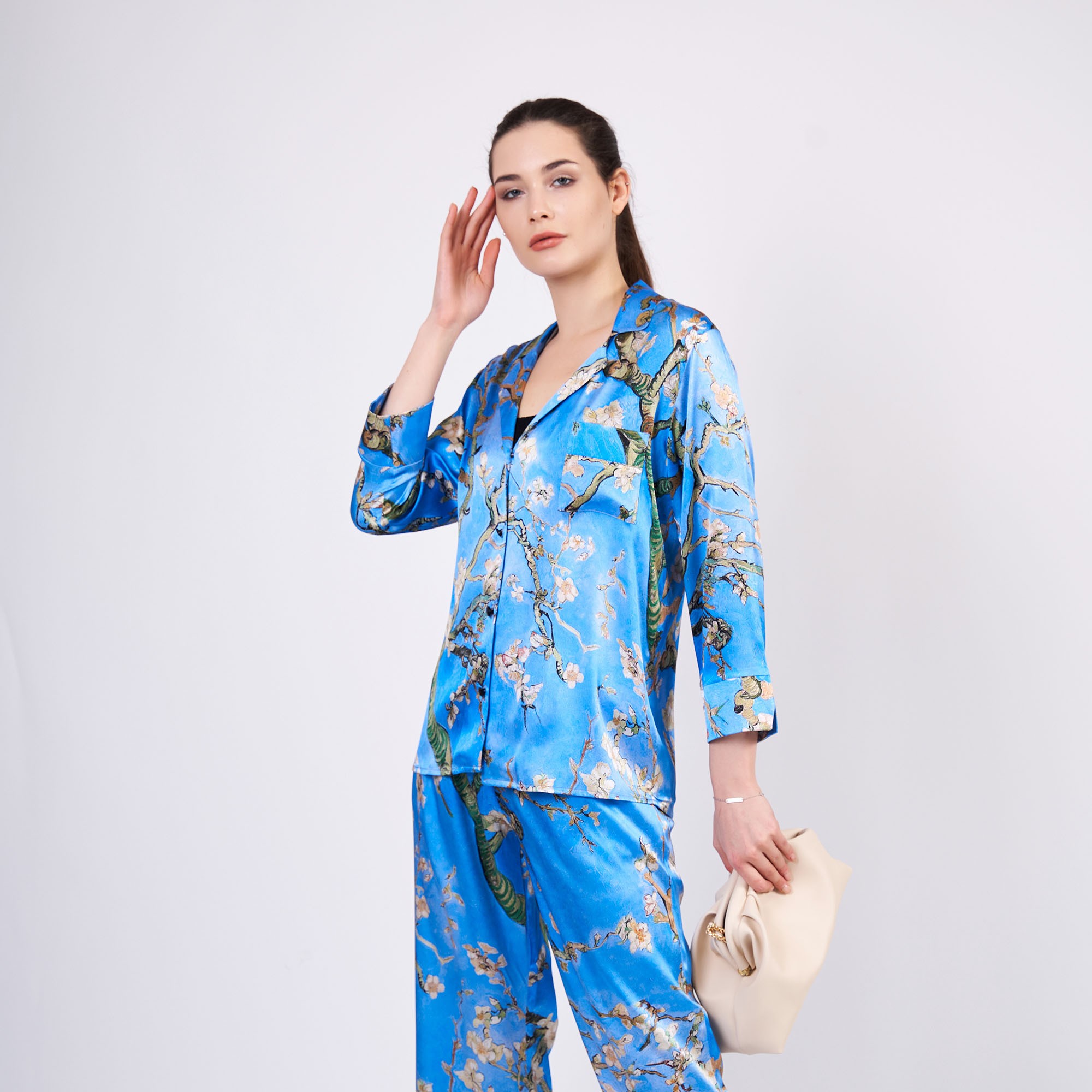 Pure Silk Shirt Pants Set/Pajamas Set for Women | Van Gogh Almond Blossoms Blue