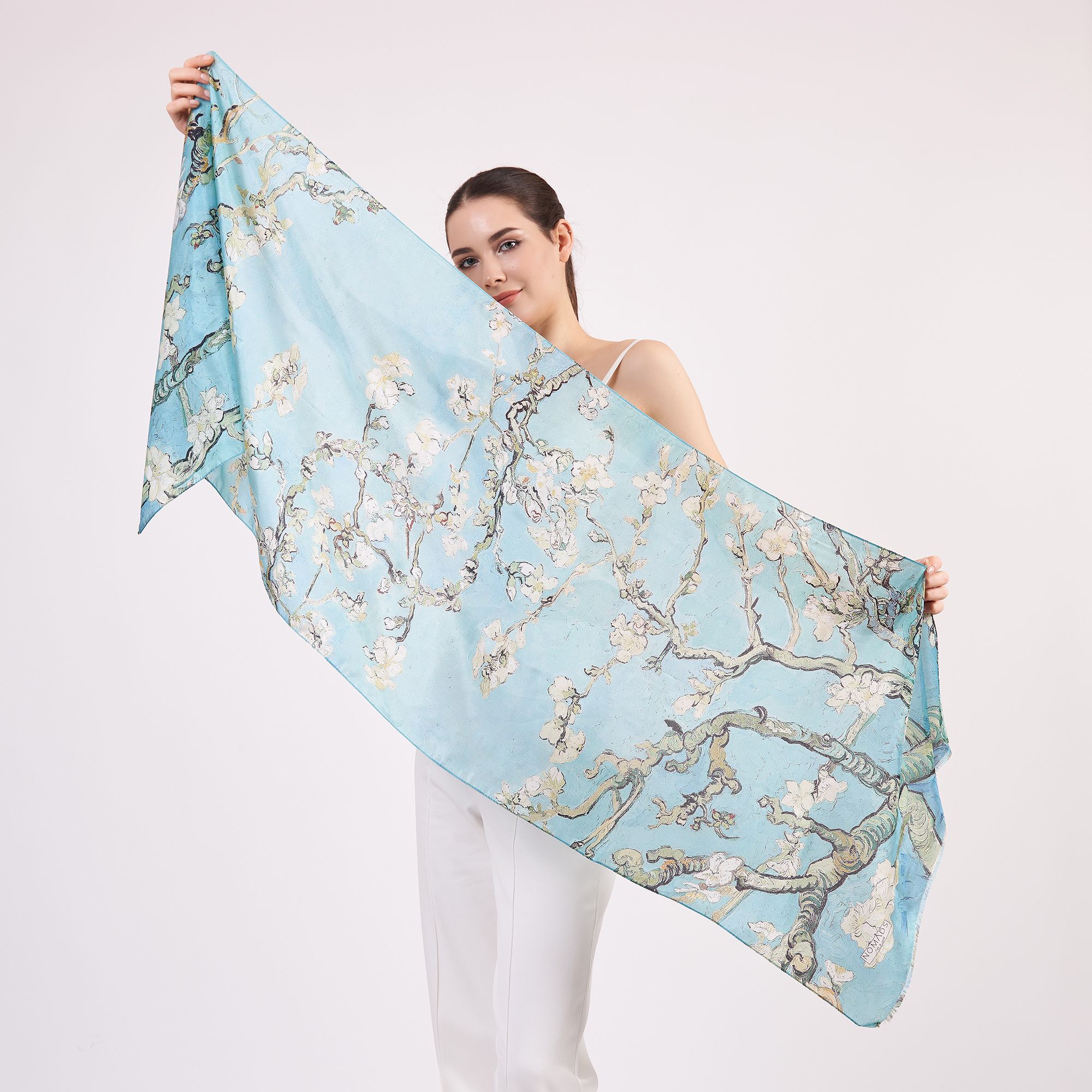 %100 Silk Scarf Wrap | Van Gogh Almond Blossoms Turquoise | 6 Momme Mulberry Silk Headband, Bag Accessory