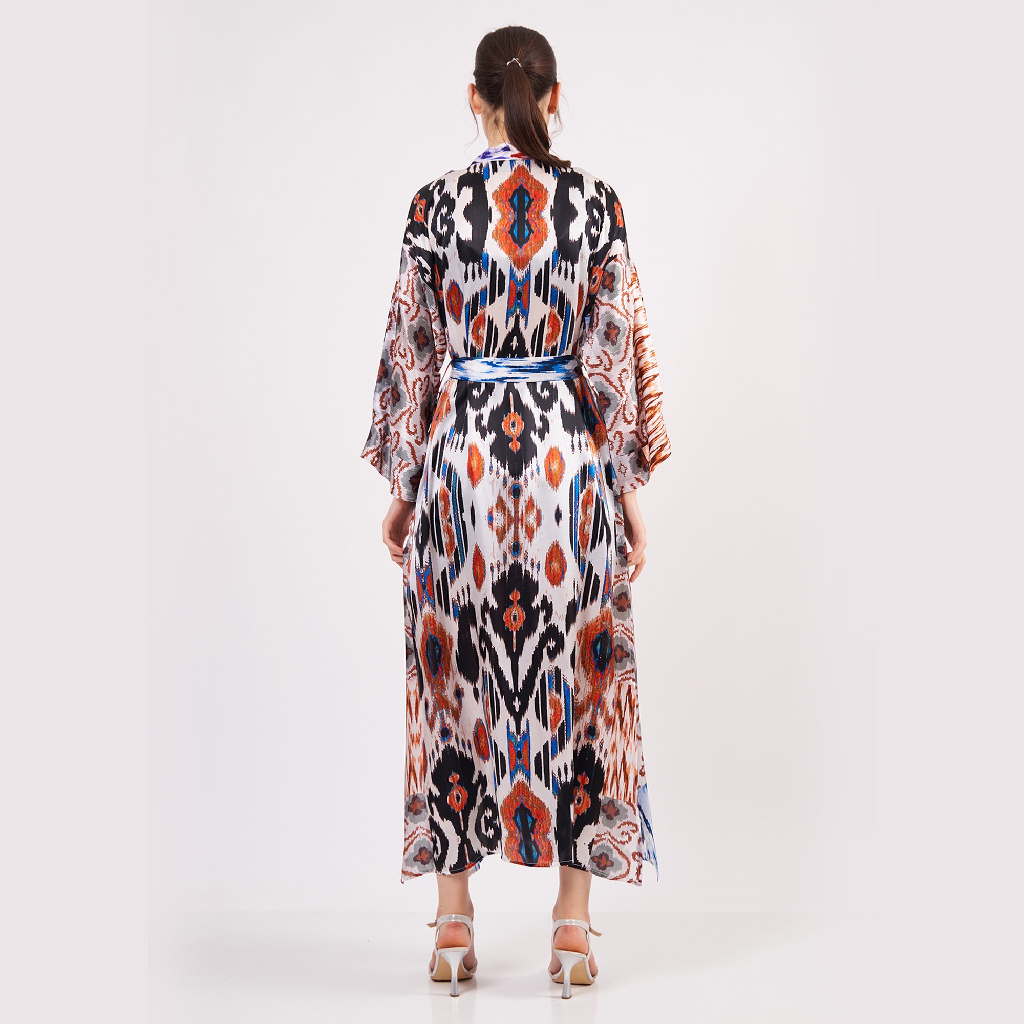 Pure Silk Maxi Kimono Kaftan | Ikat Pattern 9 | Oversized Long Kimono Robe | Beachwear for Women | Plus Size Luxury Kaftan