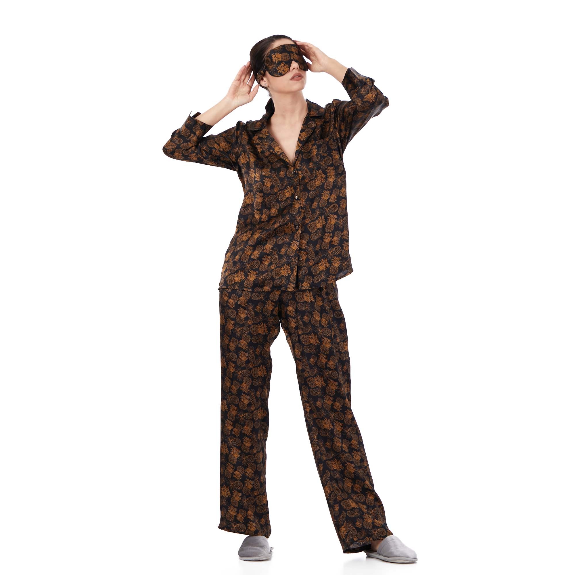 Silk Shirt&Pants Set-Pajamas Set (Silk Pants, Silk Blouse, Silk Eye Sleep Mask) | Pineapple Pattern