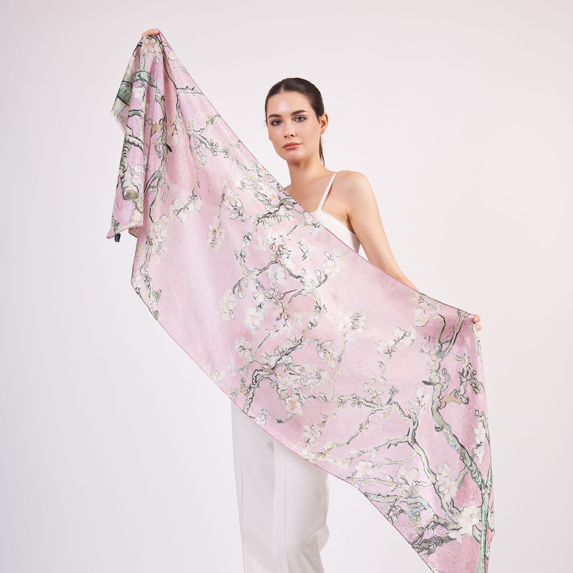 %100 Silk Scarf Wrap | Van Gogh Almond Blossoms Pink | 6 Momme Mulberry Silk Headband, Bag Accessory