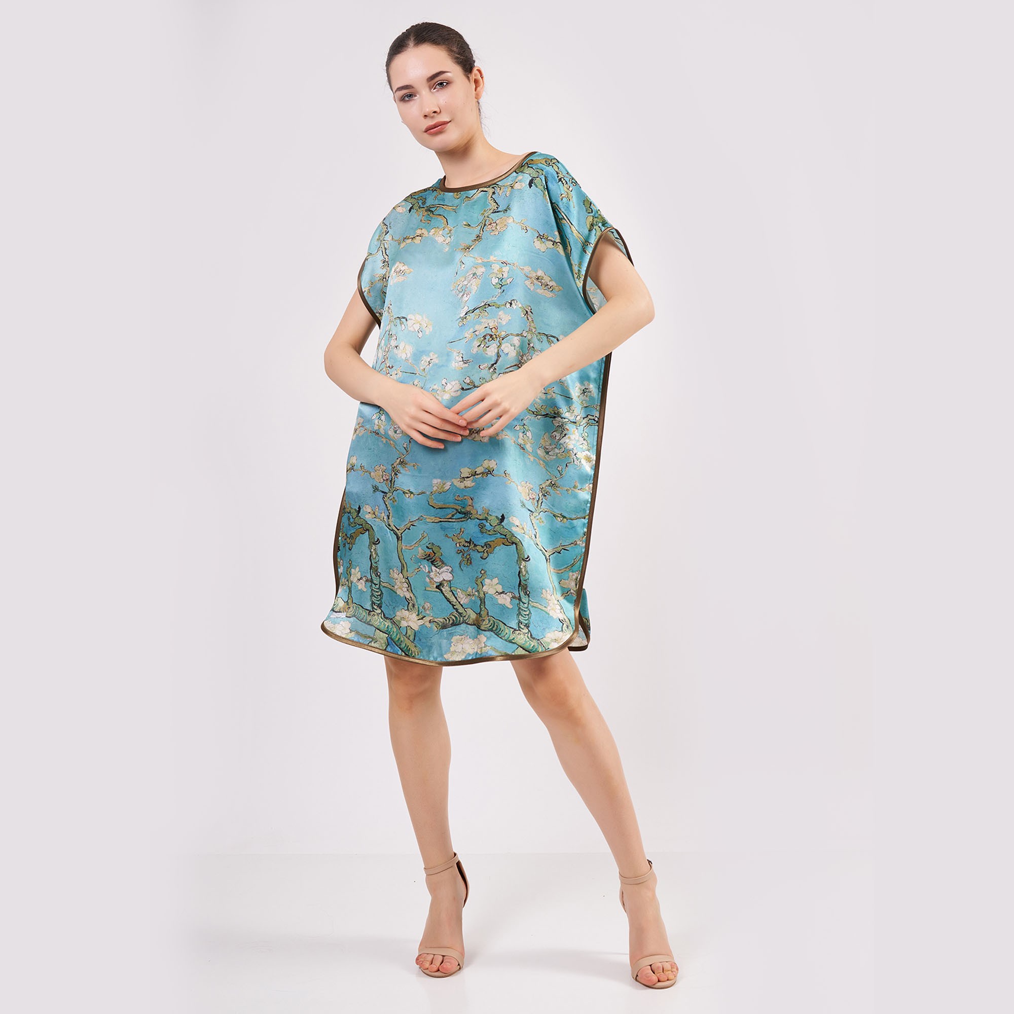 Pure Silk Short Dress | Turquoise | Van Gogh Almond Blossoms | Nomads Felt