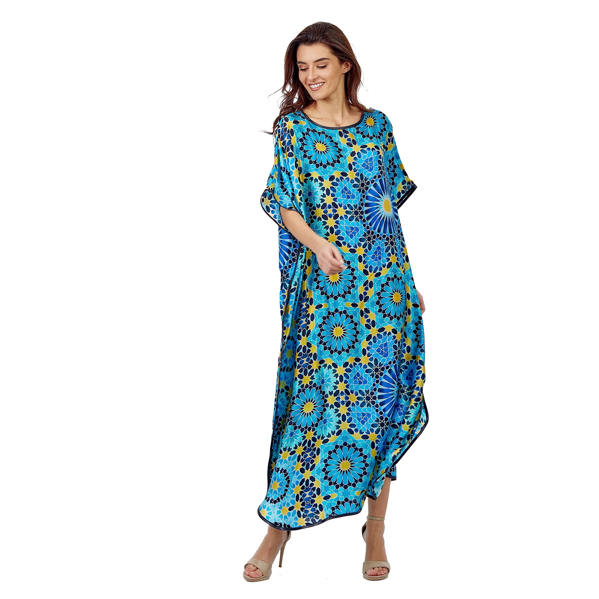 %100 Silk Long Dress | Turquoise Elhamra Pattern 2 | Nomads Felt