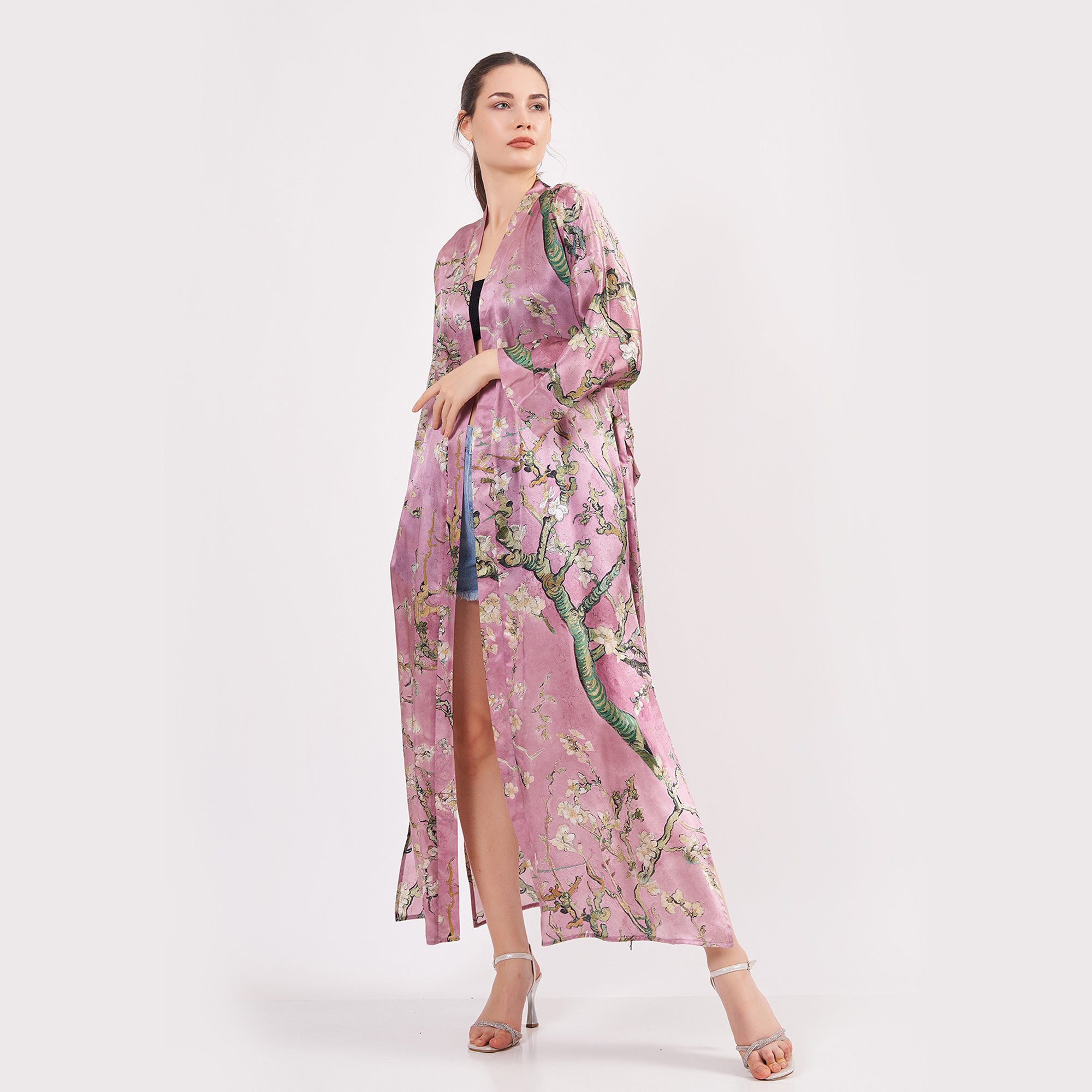 Pure Silk Maxi Kimono Kaftan | Pink Van Gogh Almond Blossoms | Oversized Long Kimono Robe | Beachwear for Women | Plus Size Luxury Kaftan Pool Wear