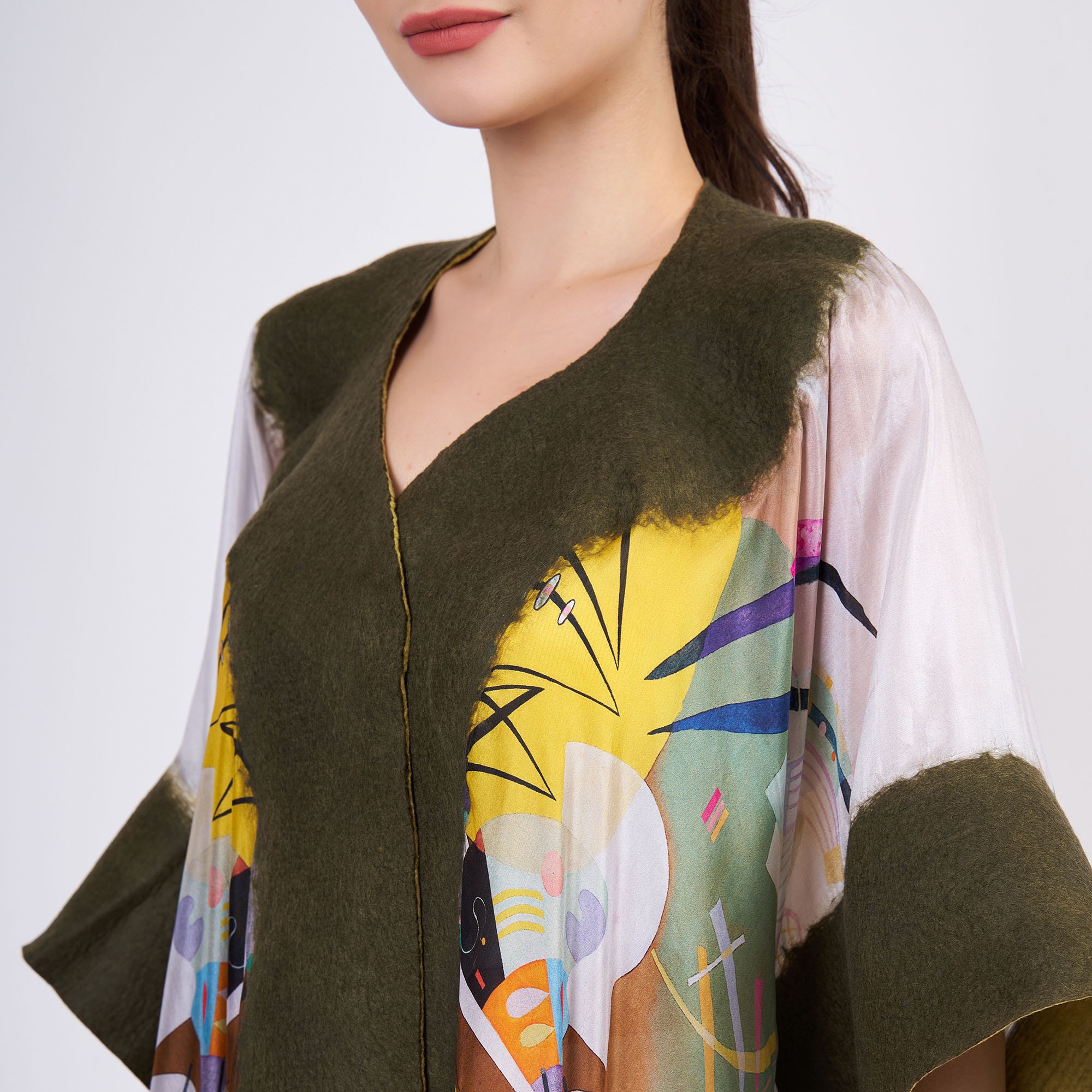 Handmade Silk Felted Women Poncho |  Khaki Kandinsky Dominant Curve | Plus Size Luxury Wool Poncho