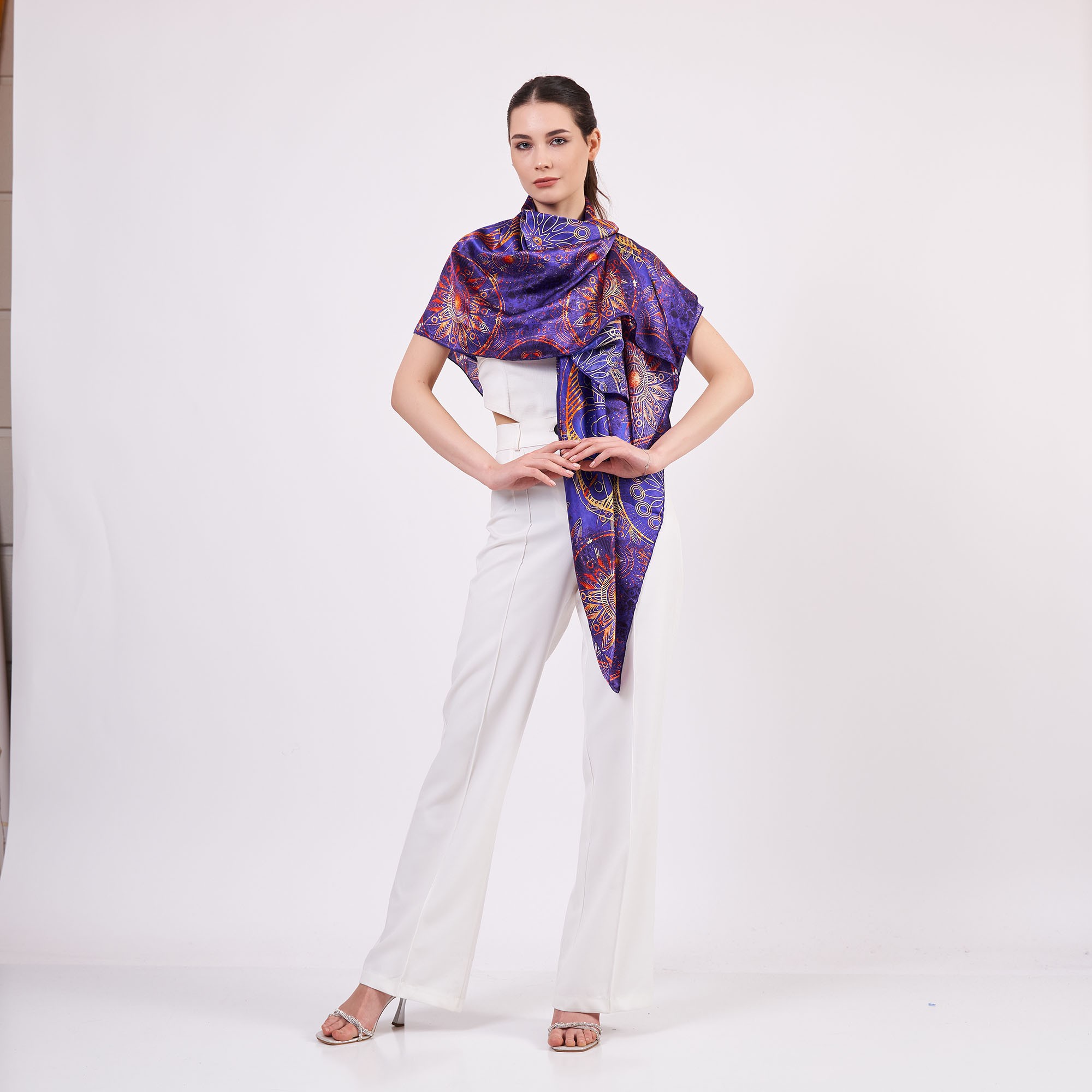 100% Silk Shawl Scarf | Mandala Pattern | 140cm | Purple | Nomads Felt