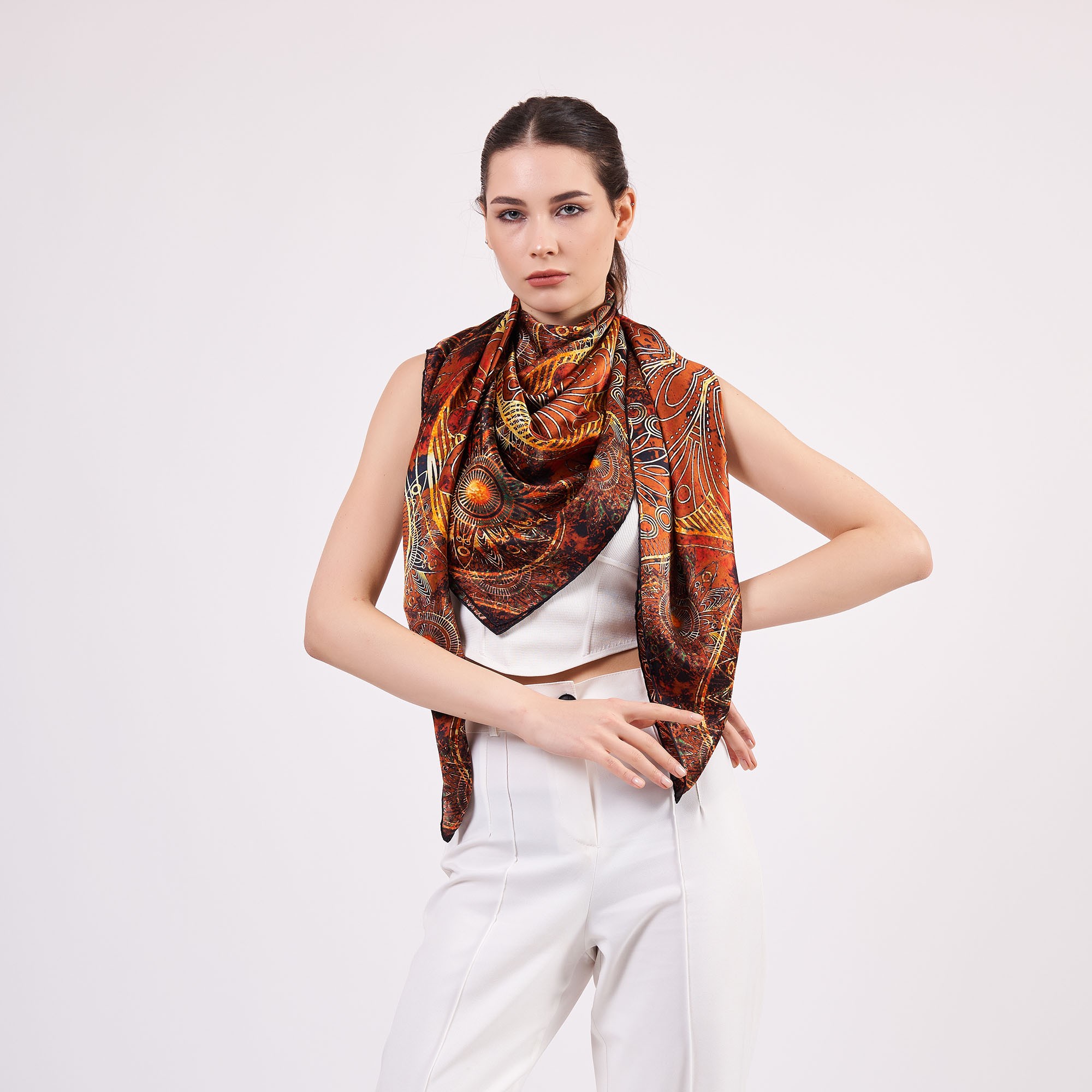 100% Silk Shawl Scarf | Mandala Pattern | 140cm | Brown | Nomads Felt
