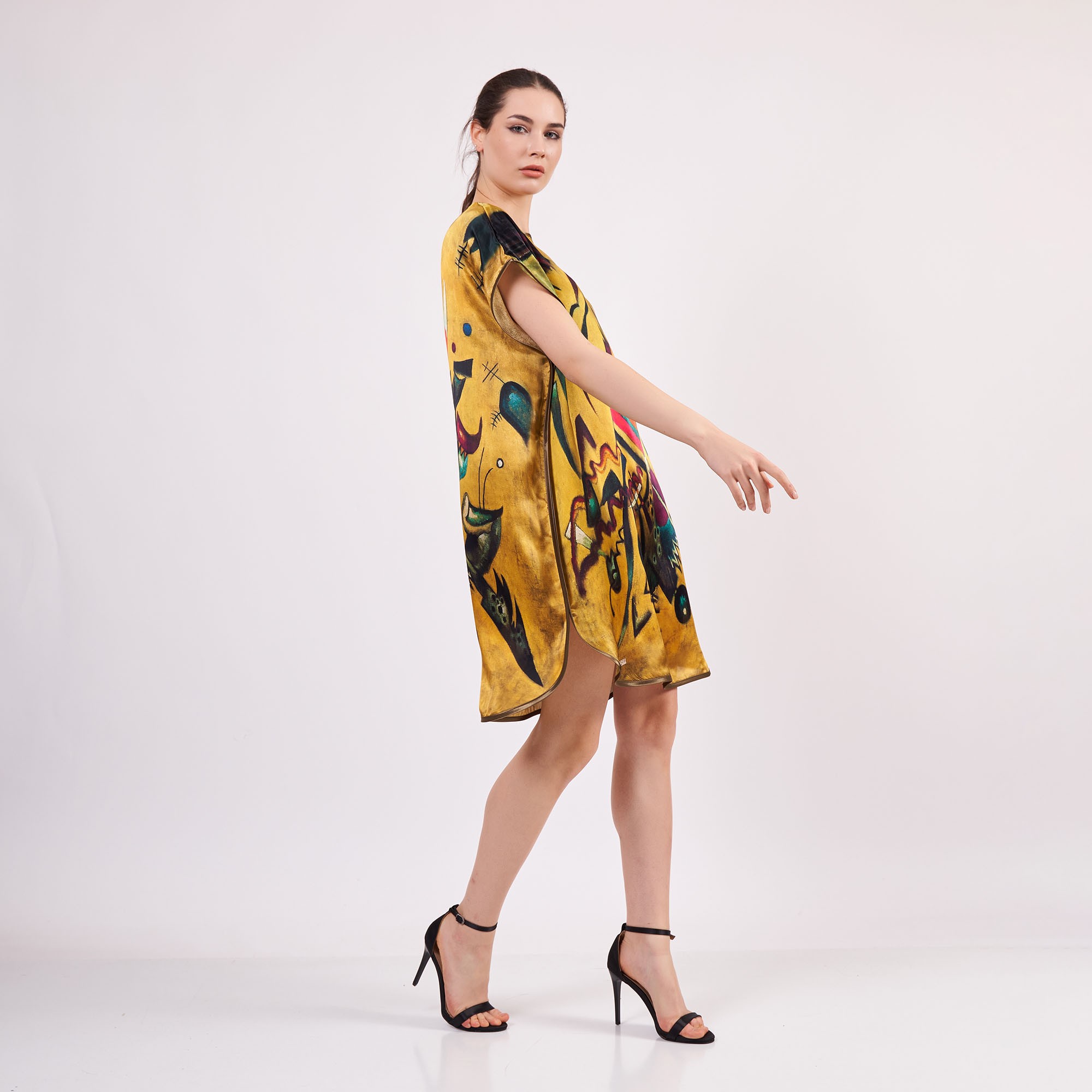 Pure Silk Plus Size Short Dress For Women | Oversized Short Kaftan Kandinsky Point and Line | Loose Fitting Dress