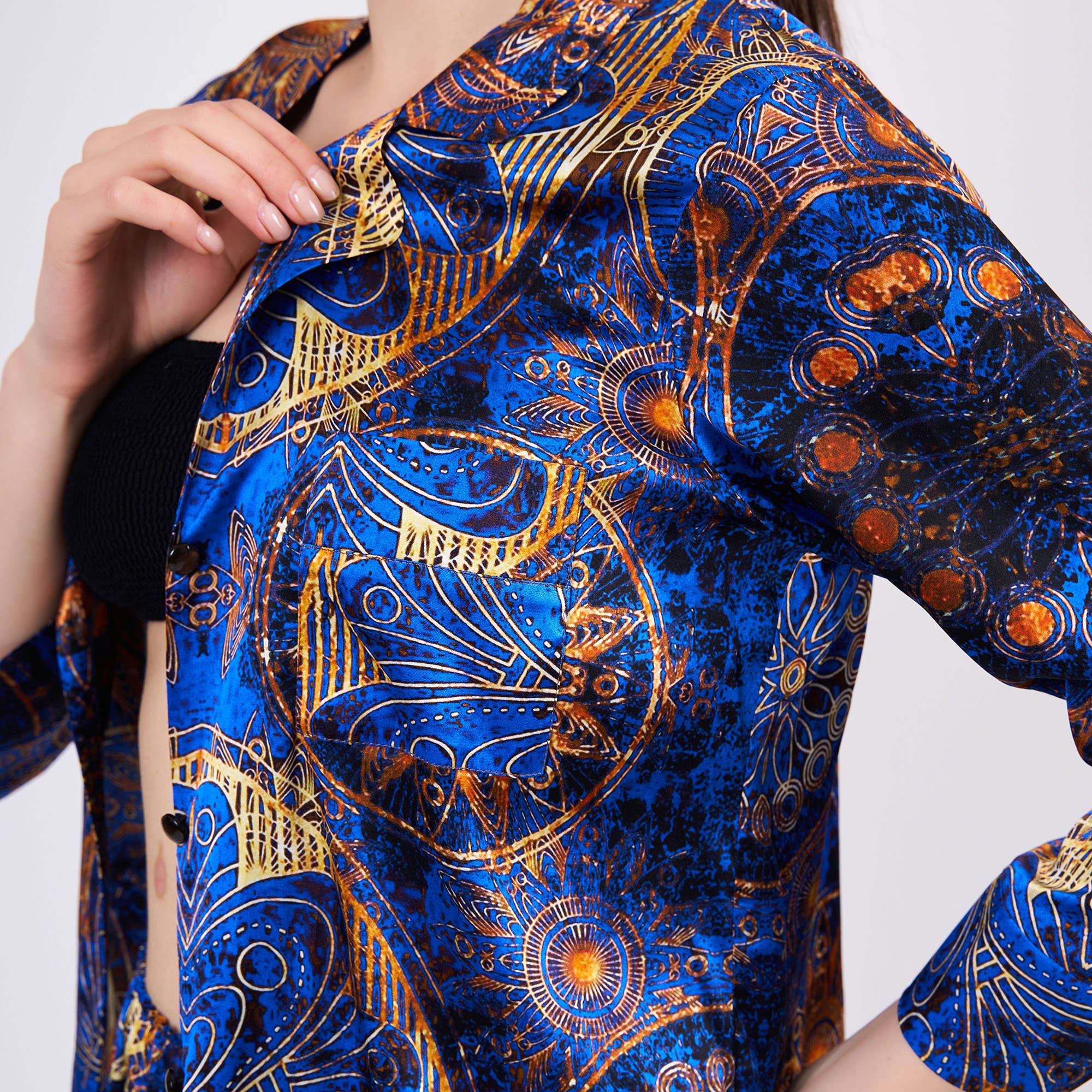 Saf İpek Gömlek-Pantolon-Pijama Takımı | Mandala Desen Saks Mavi | Nomads Felt