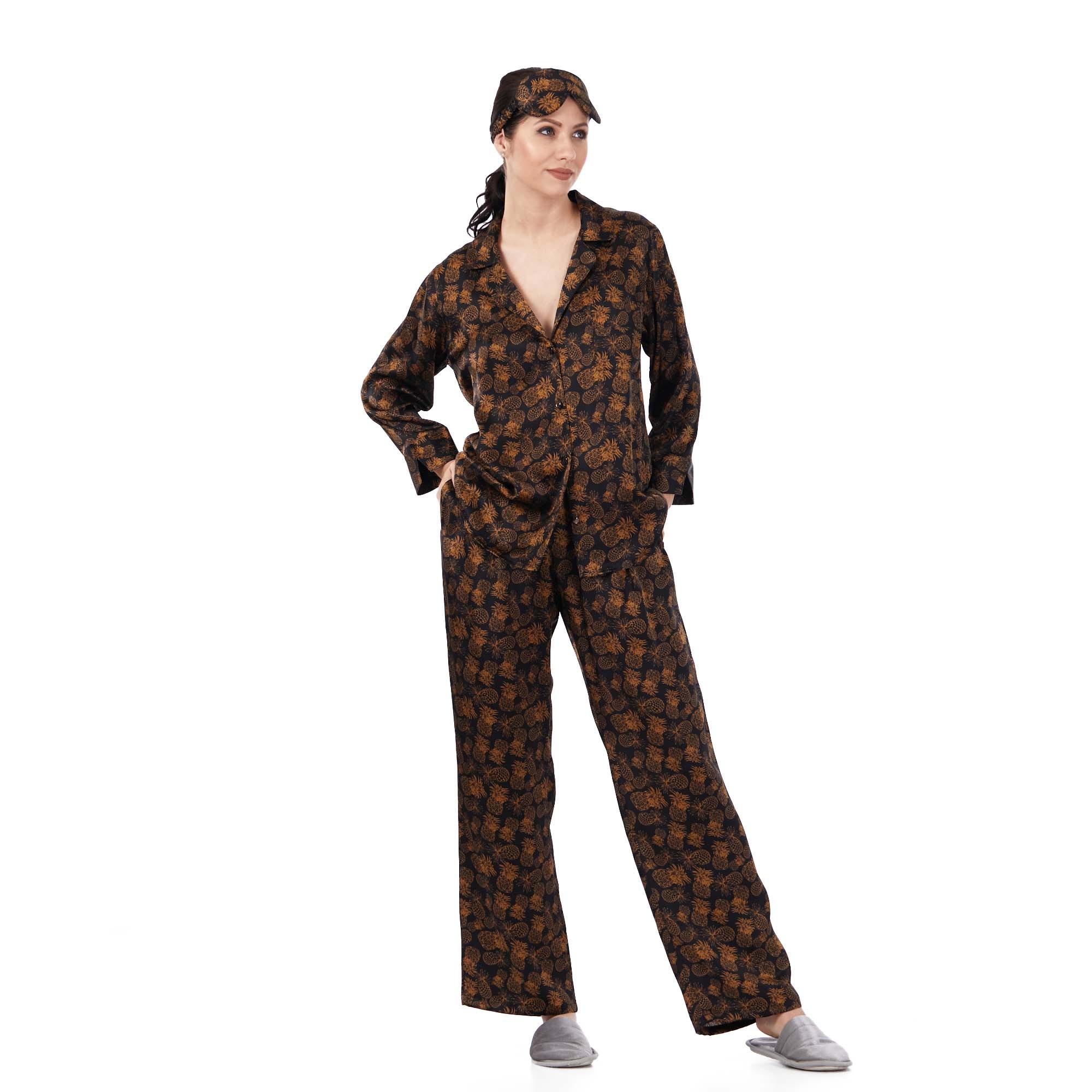 Silk Shirt&Pants Set-Pajamas Set (Silk Pants, Silk Blouse, Silk Eye Sleep Mask) | Pineapple Pattern