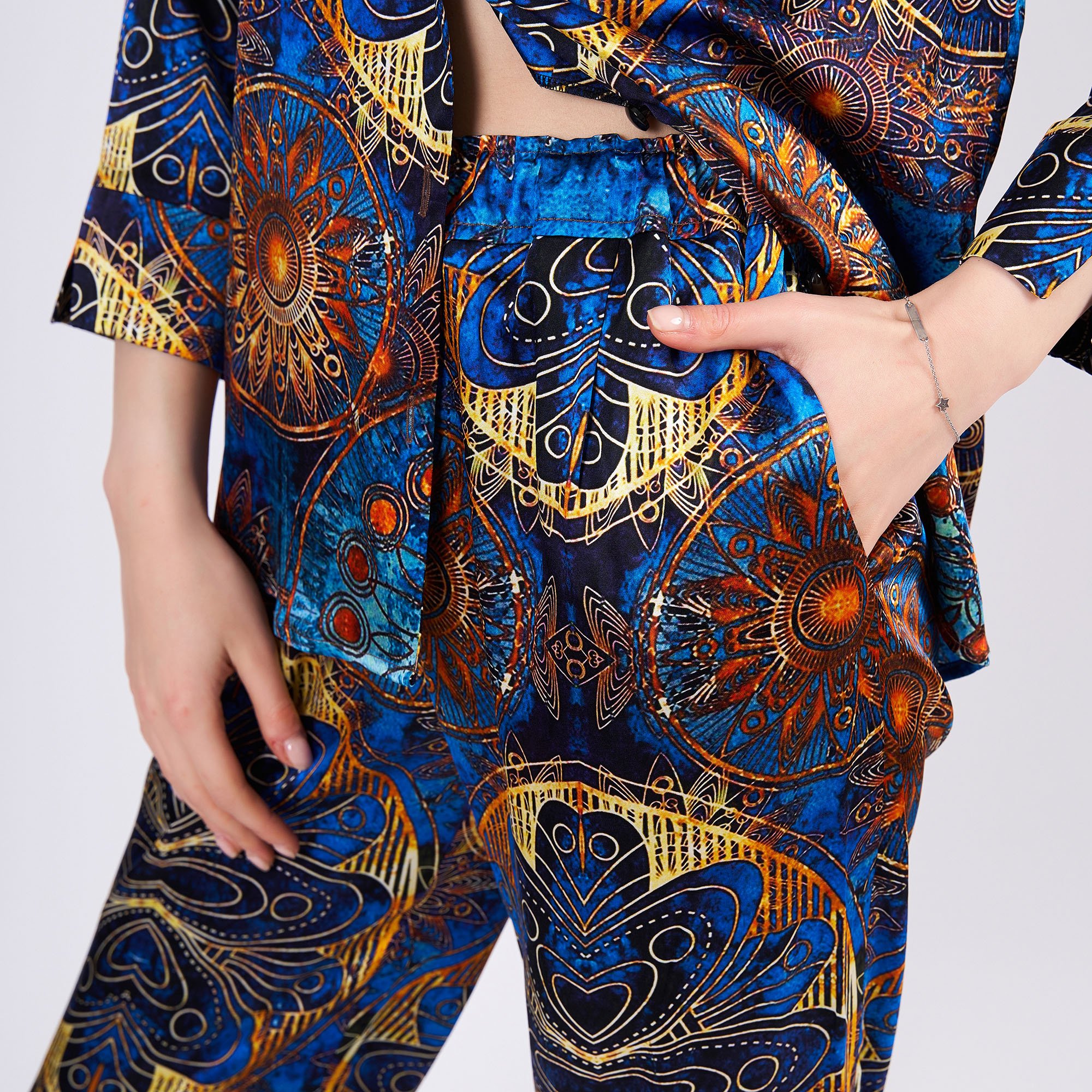 Silk Shirt Pants Set/Pajamas Set for Women Mandala Pattern | Blue