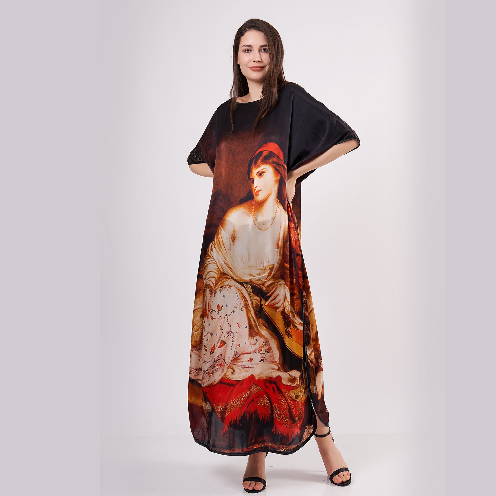 %100 Silk Plus Size Long Dress For Women | Oversized Black Kaftan Harem | Loose Fitting Dress