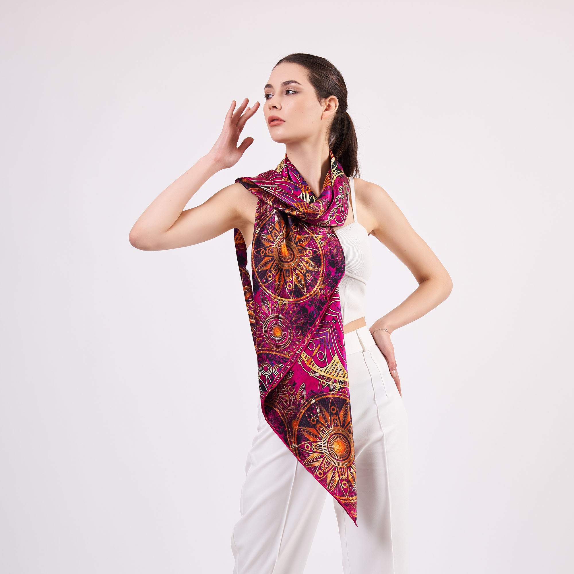 100% Silk Shawl Scarf | Mandala Pattern | 140cm | Fuchsia | Nomads Felt