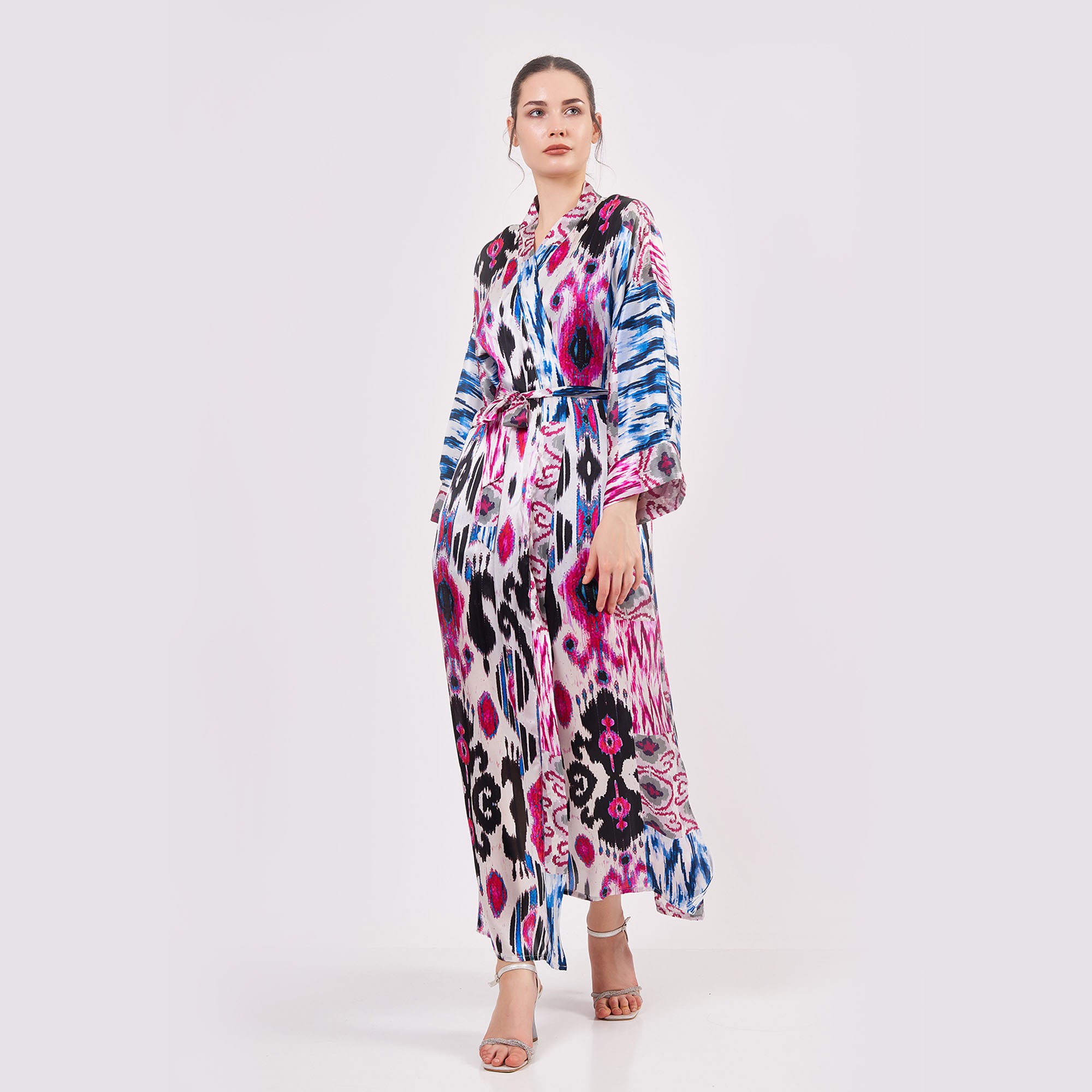 Silk Maxi Kimono Kaftan | Ikat Pattern 15 | Oversized Long Kimono Robe | Beachwear for Women | Plus Size Luxury Kaftan Pool Wear