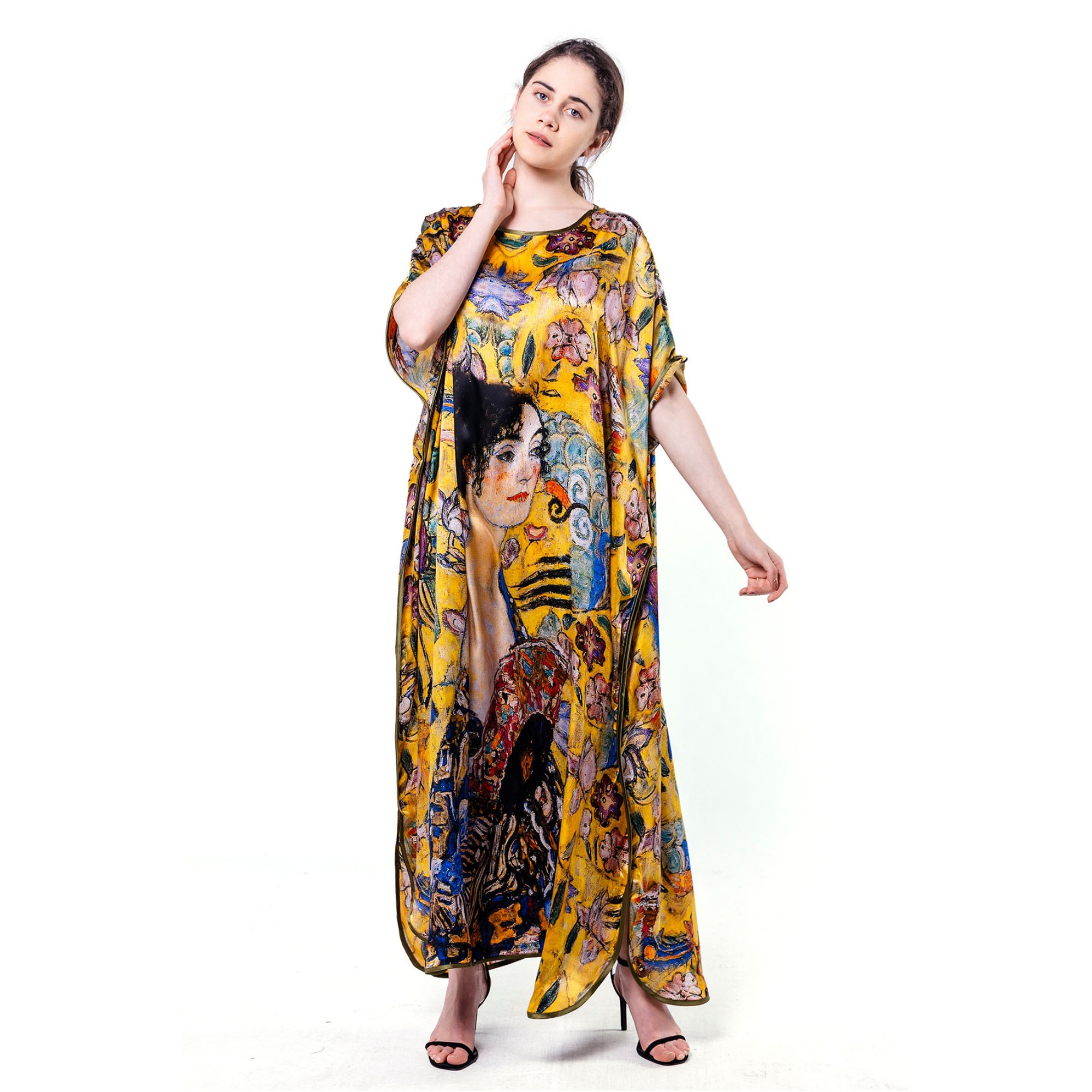 %100 İpek Uzun Elbise | Gustav Klimt Lady with Fan | Nomads Felt