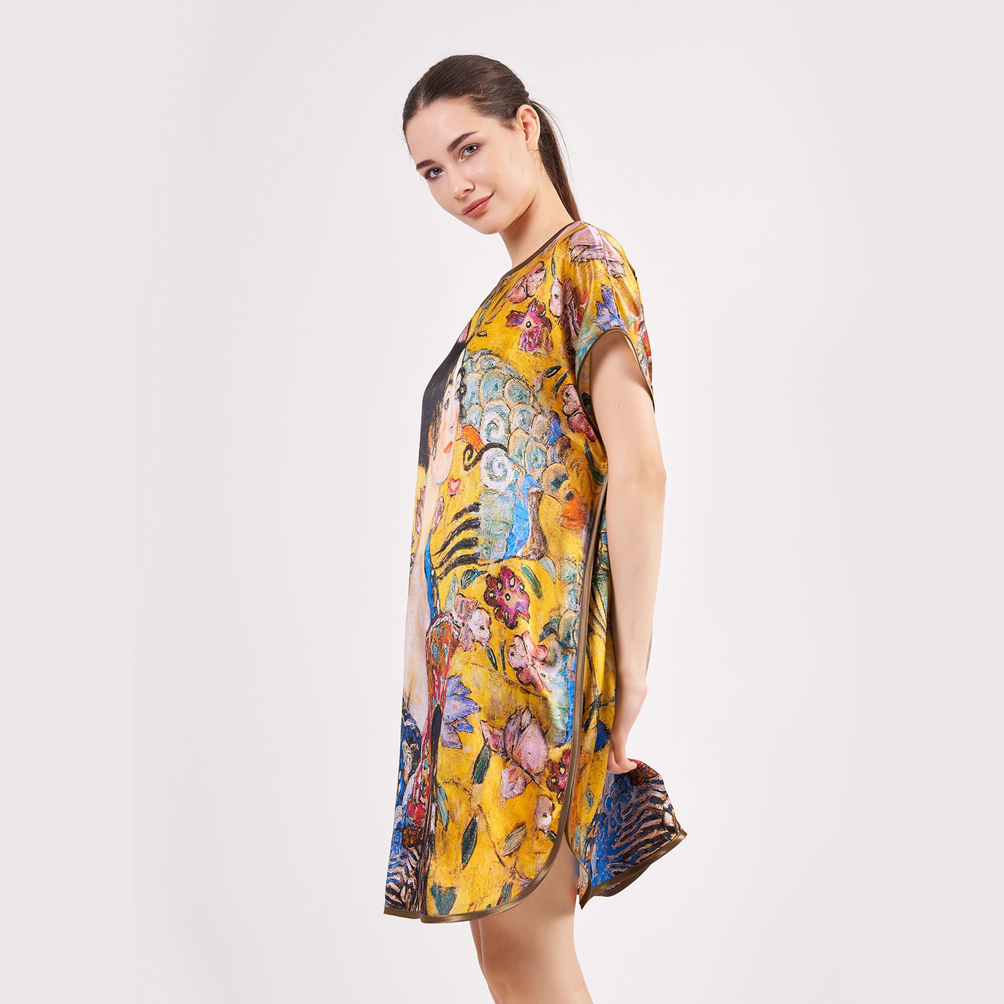Pure Silk Plus Size Short Dress For Women | Oversized Short Kaftan Gustav Klimt Lady with Fan | Loose Fitting Dress