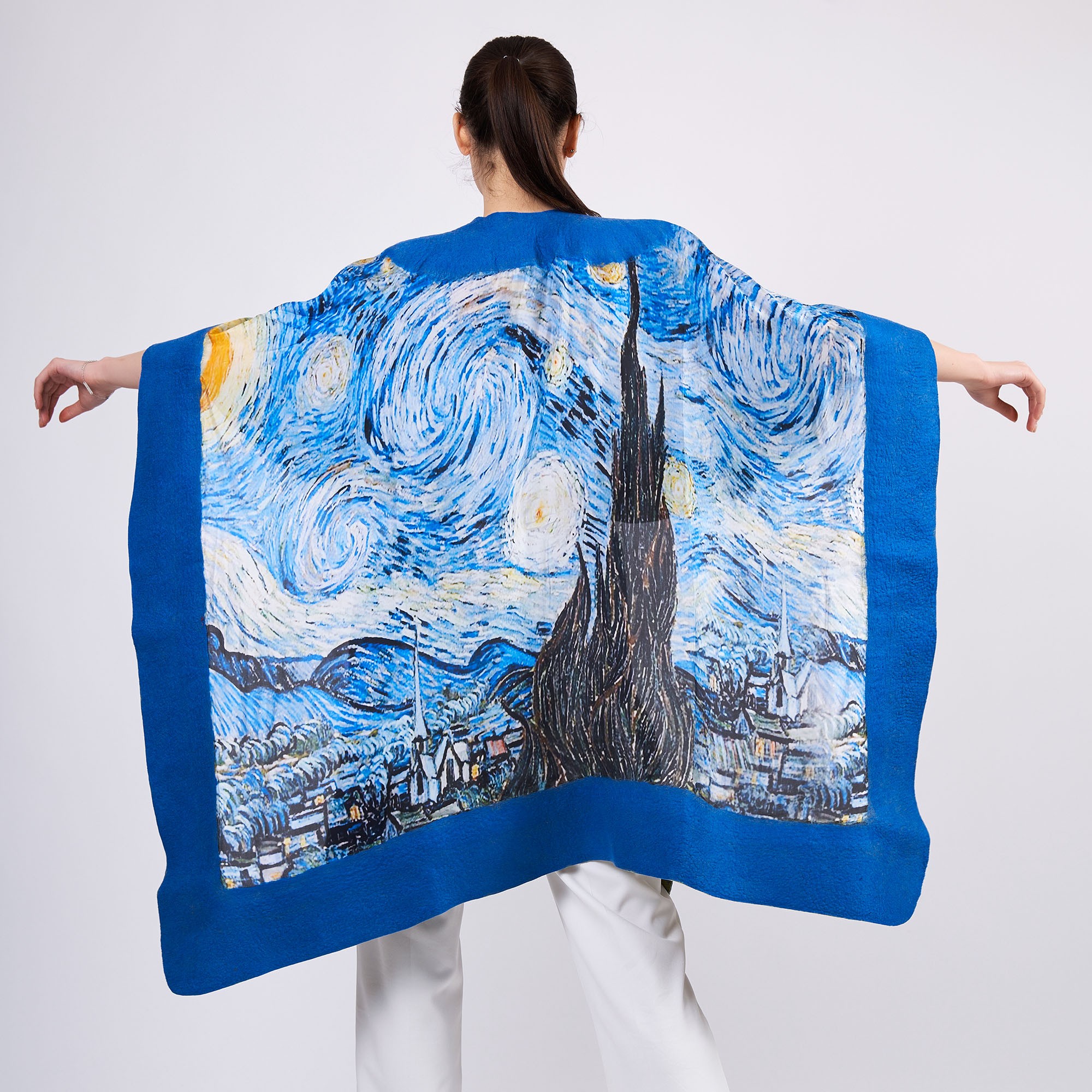 Handmade Silk Felted Women Poncho | Blue-Green Van Gogh Starry Night