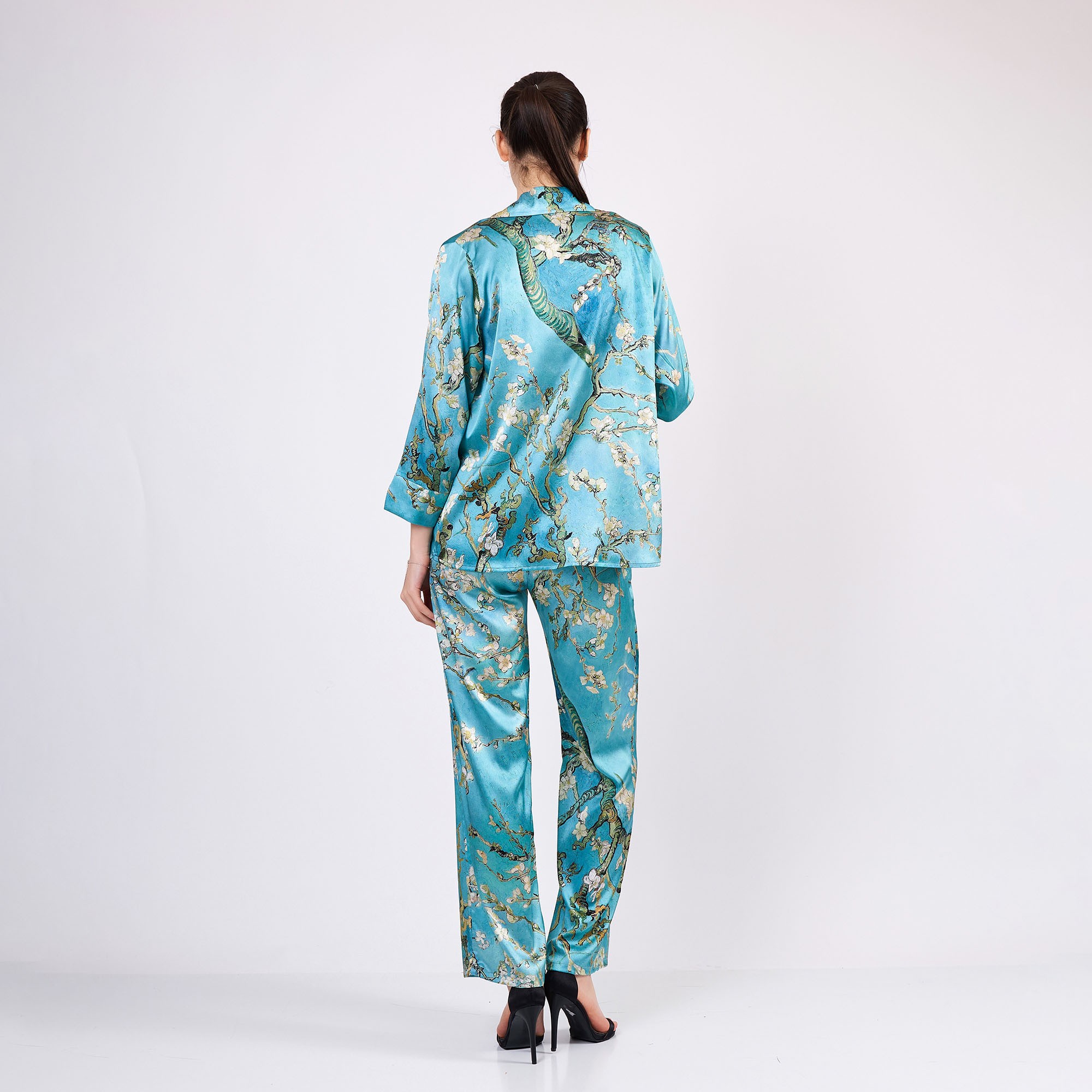 Saf İpek Gömlek-Pantolon Takım/Pijama Takımı | Turkuaz Van Gogh Badem Ağacı | Nomads Felt
