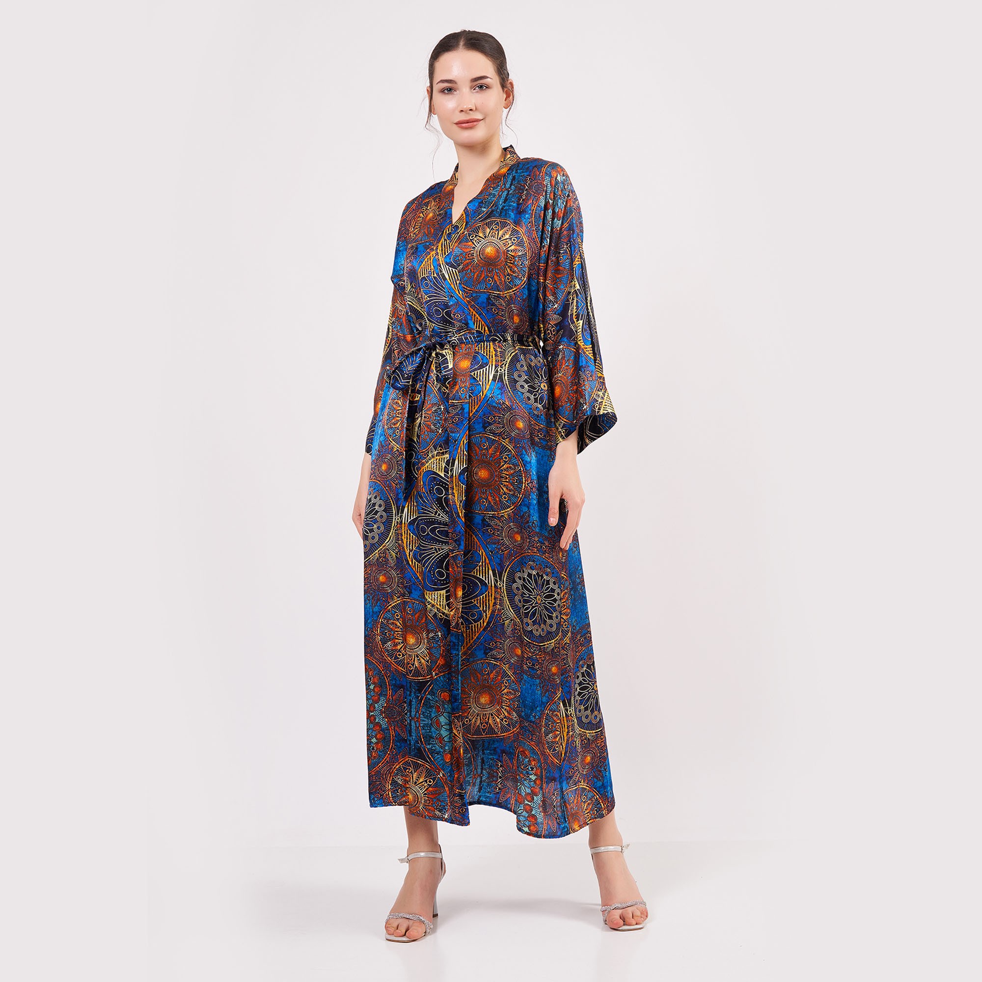 Saf İpek Uzun Kimono Kaftan | Mavi Mandala Desen 1 | Nomads Felt