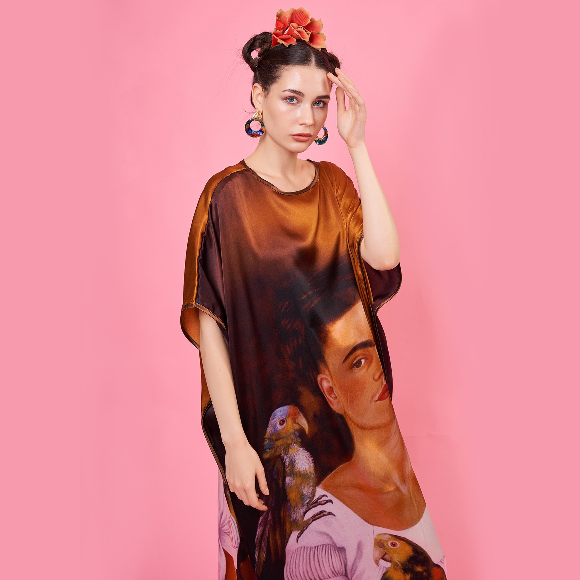 %100 Silk Plus Size Long Dress For Women | Frida Kahlo Print | Loose Fitting Dress