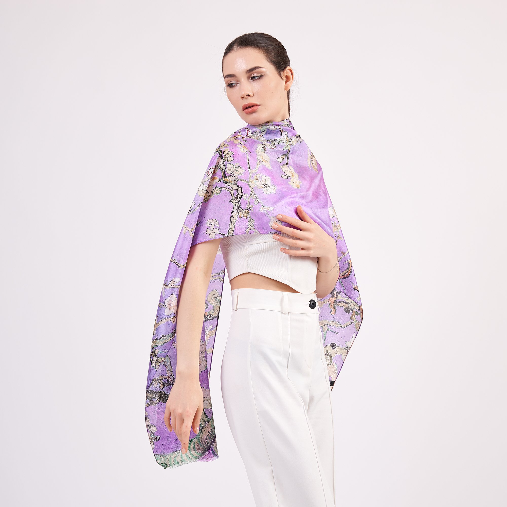 %100 Silk Scarf Wrap | Van Gogh Almond Blossoms Purple | 6 Momme Mulberry Silk Headband, Bag Accessory