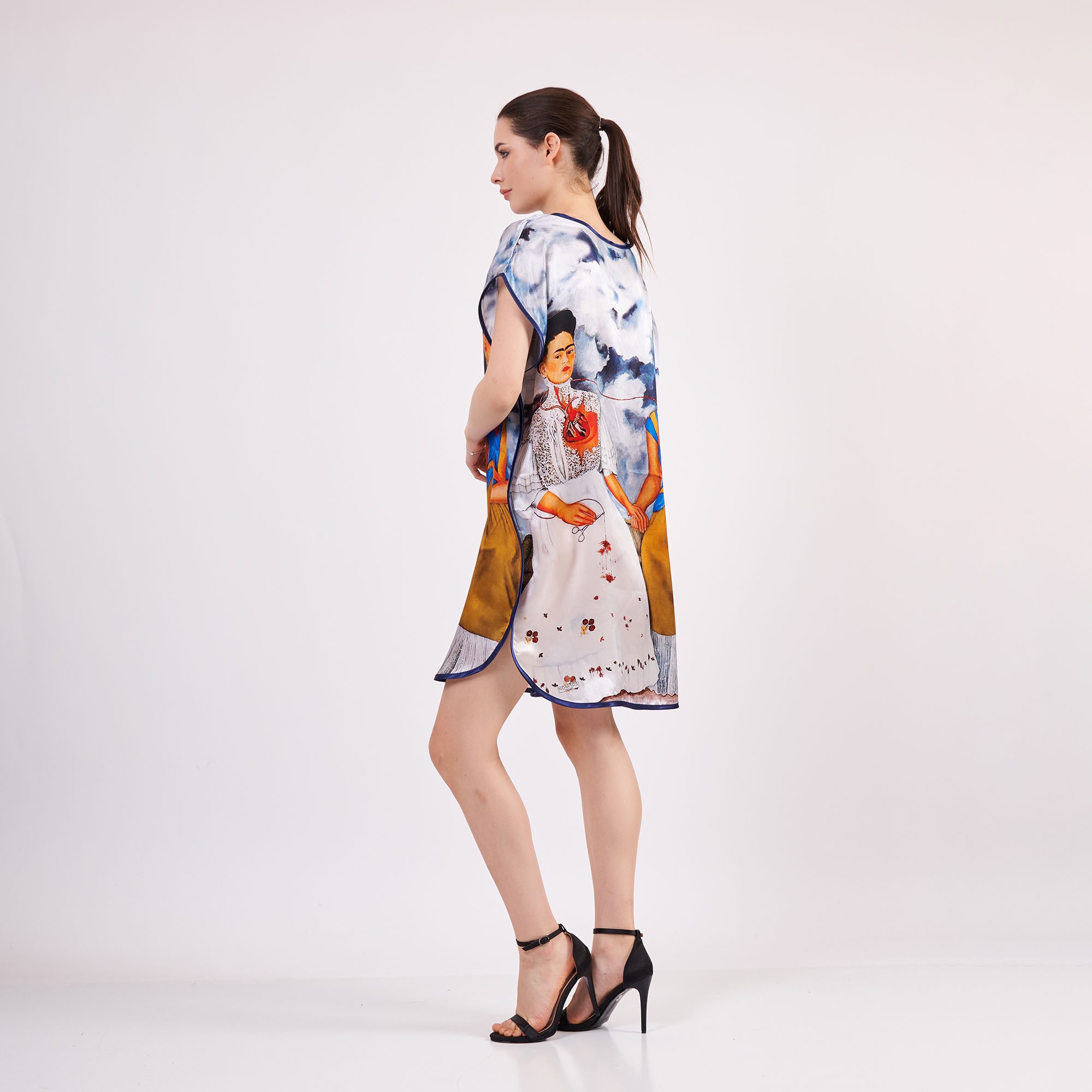 %100 Silk Plus Size Short Dress For Women | Oversized Short Kaftan Frida Kahlo 1 | Loose Fitting Dress