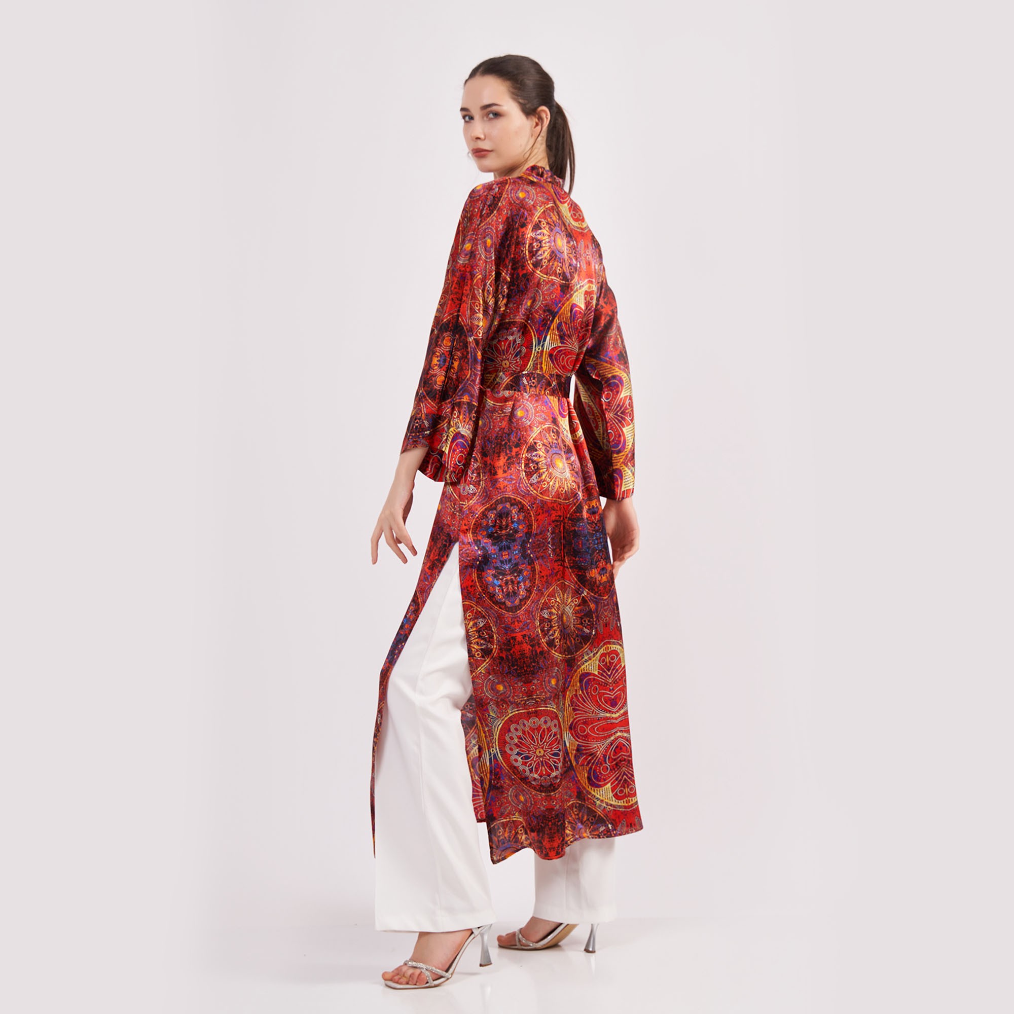 Pure Silk Maxi Kimono Kaftan | Oversized Long Kimono Robe | Red Mandala Pattern