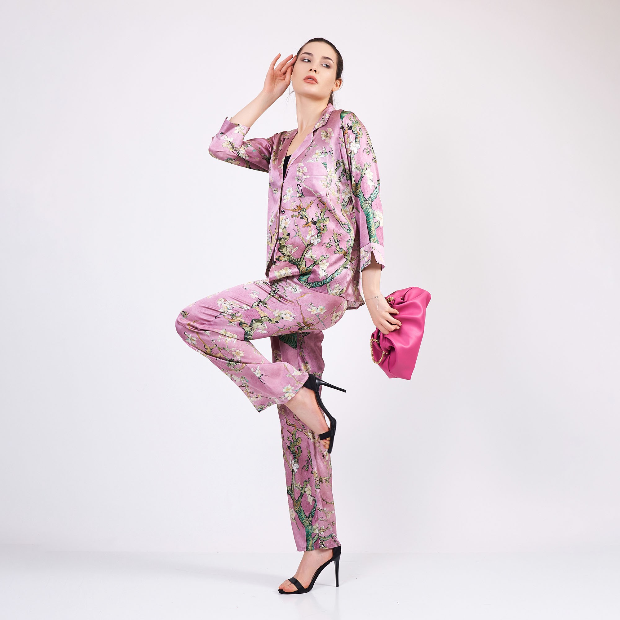Pure Silk Shirt Pants Set/Pajamas Set for Women | Van Gogh Almond Blossoms Pink
