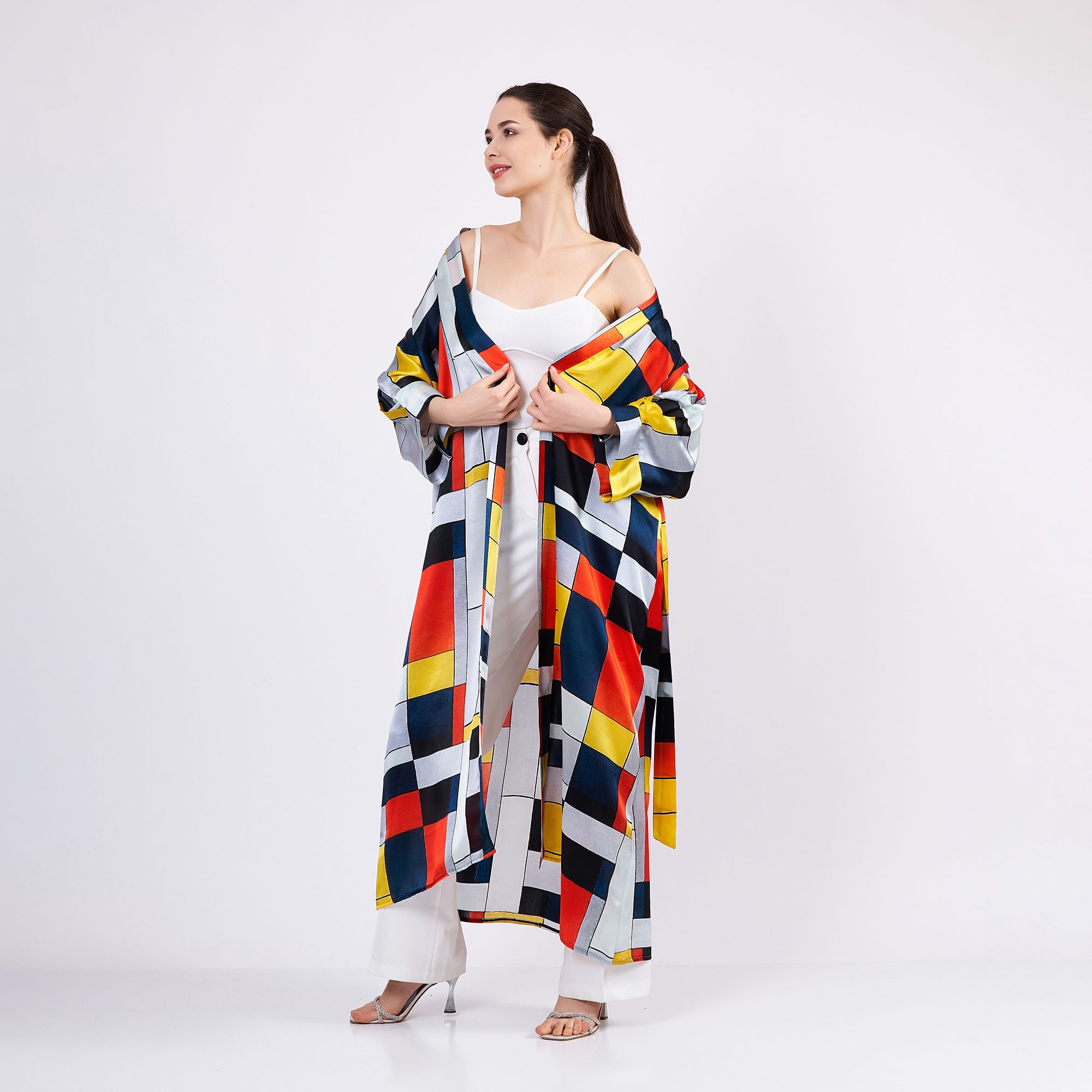 Pure Silk Maxi Kimono Kaftan | Oversized Long Kimono Robe | Geometric Pattern