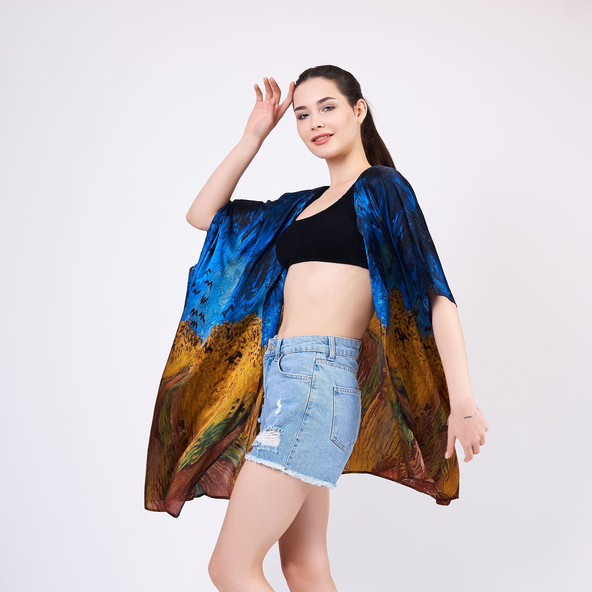 Pure Silk Short Kimono Kaftan | Van Gogh Wheatfield with Crows
