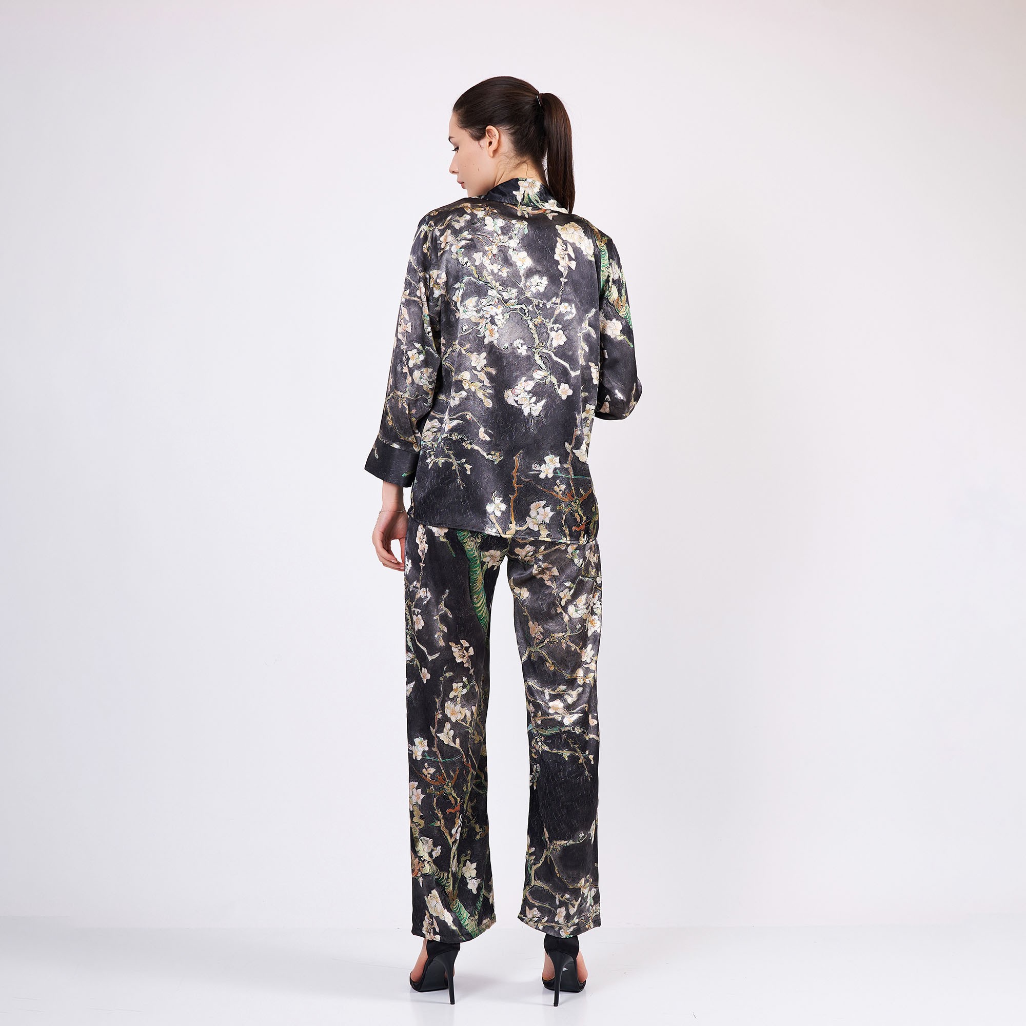 Pure Silk Shirt Pants Set/Pajamas Set for Women | Van Gogh Almond Blossoms Anthracite