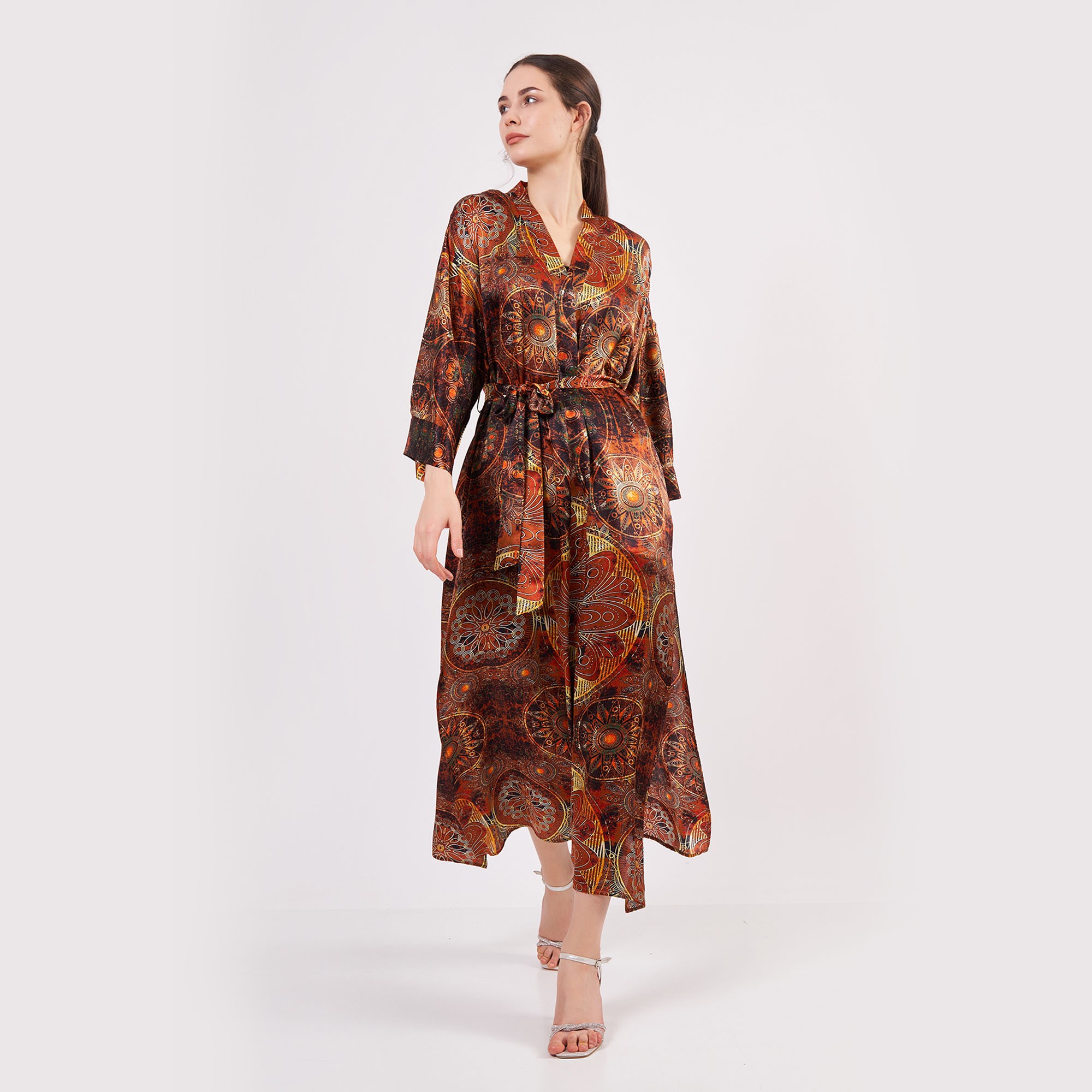 Silk Maxi Kimono Kaftan | Brown Mandala Pattern  | Oversized Long Kimono Robe | Beachwear for Women | Plus Size Luxury Kaftan Pool Wear