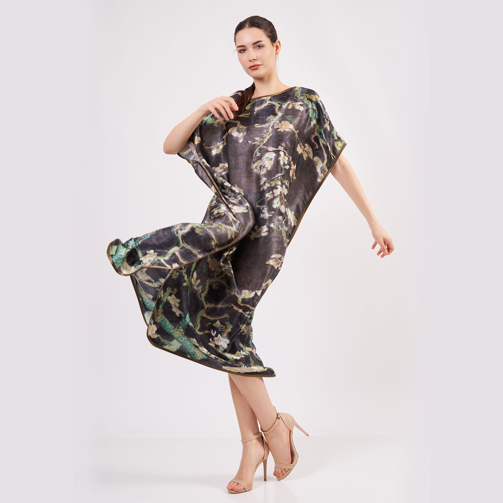 100 ٪ فستان طويل الحرير | أنثراسيت فان جوخ اللوز زهرة |