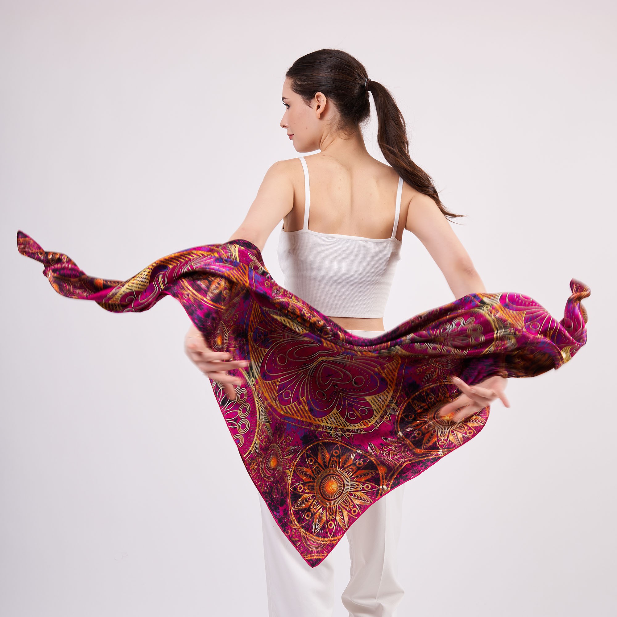 100% Silk Shawl Scarf | Mandala Pattern | 140cm | Fuchsia | Nomads Felt