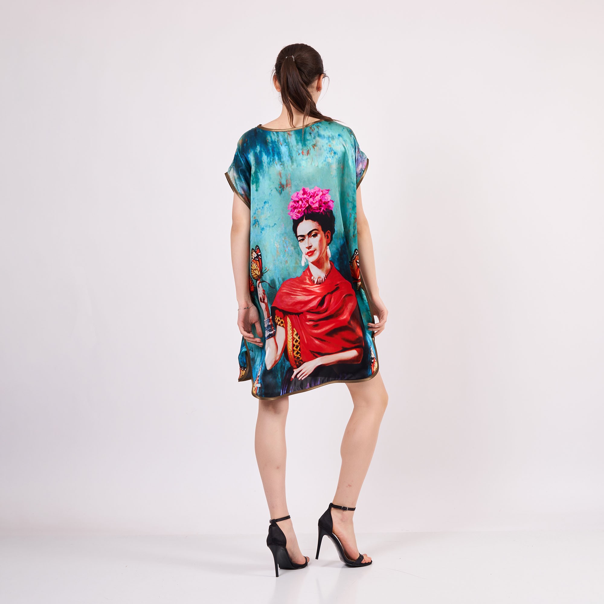 Pure Silk Plus Size Short Dress For Women | Oversized Short Kaftan Frida Kahlo 3 | Loose Fitting Dress