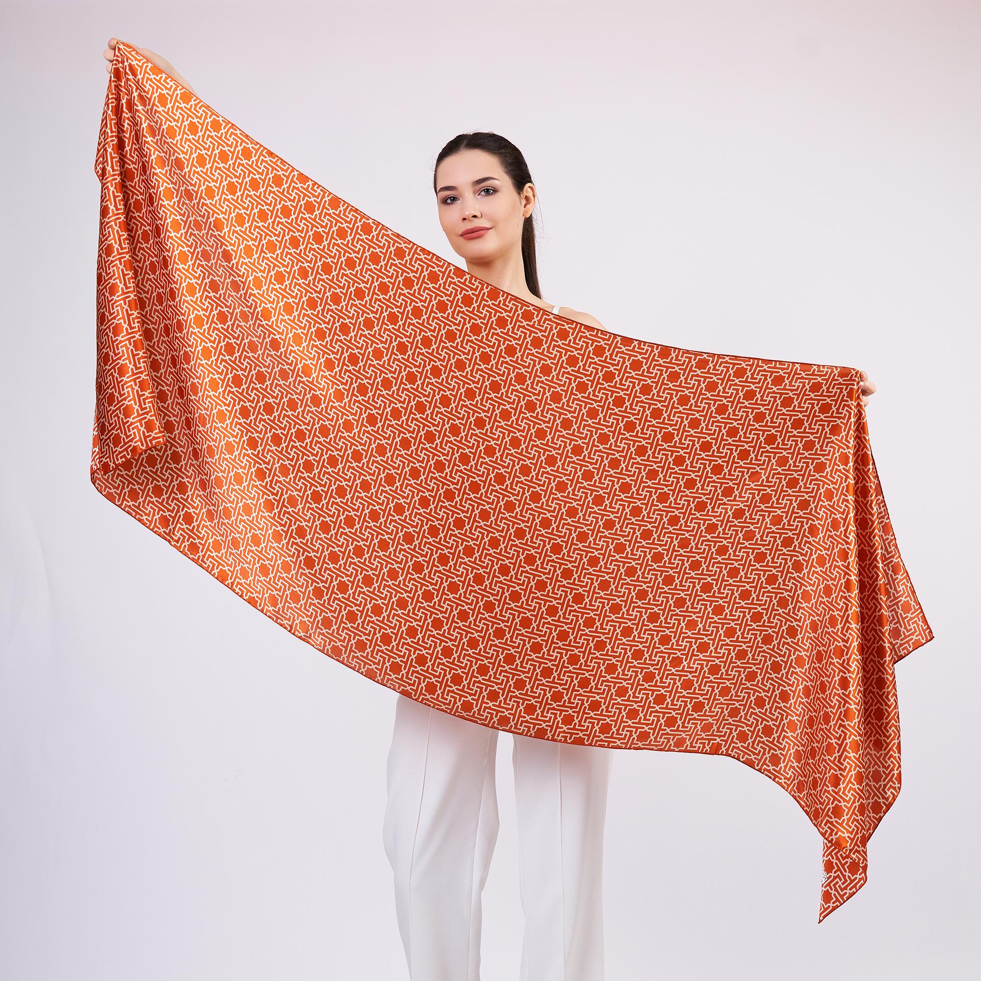 Pure Silk Scarf Shawl | Orange | Selçuklu Star Pattern
