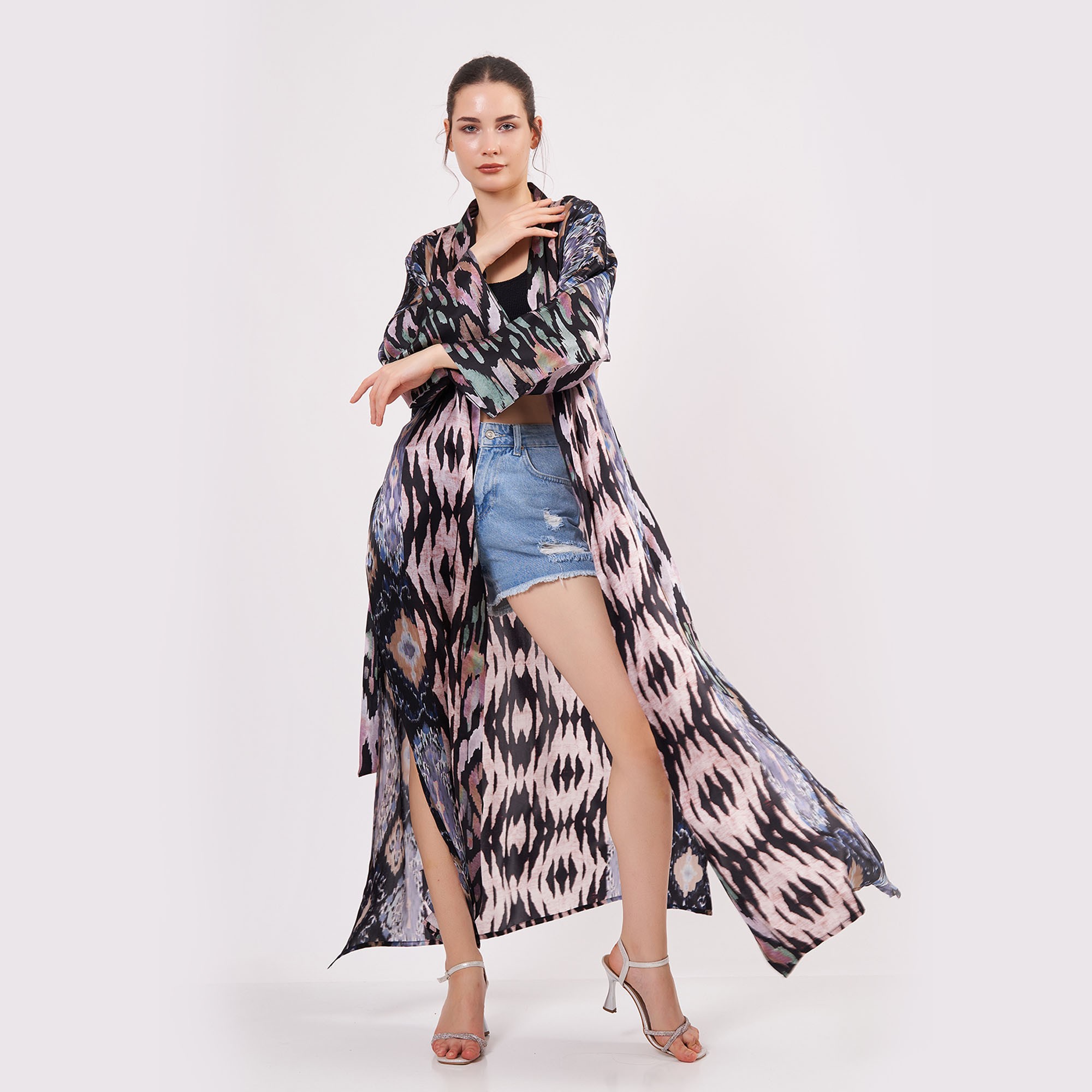 Saf İpek Uzun Kimono Kaftan | Ikat Desen 12 | Nomads Felt
